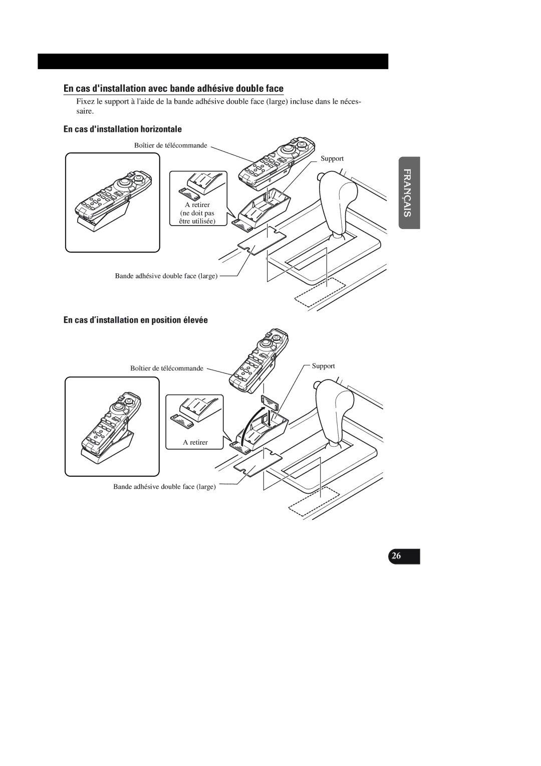 Pioneer AVIC-90DVD installation manual En cas dinstallation avec bande adhésive double face, Boîtier de télécommande 