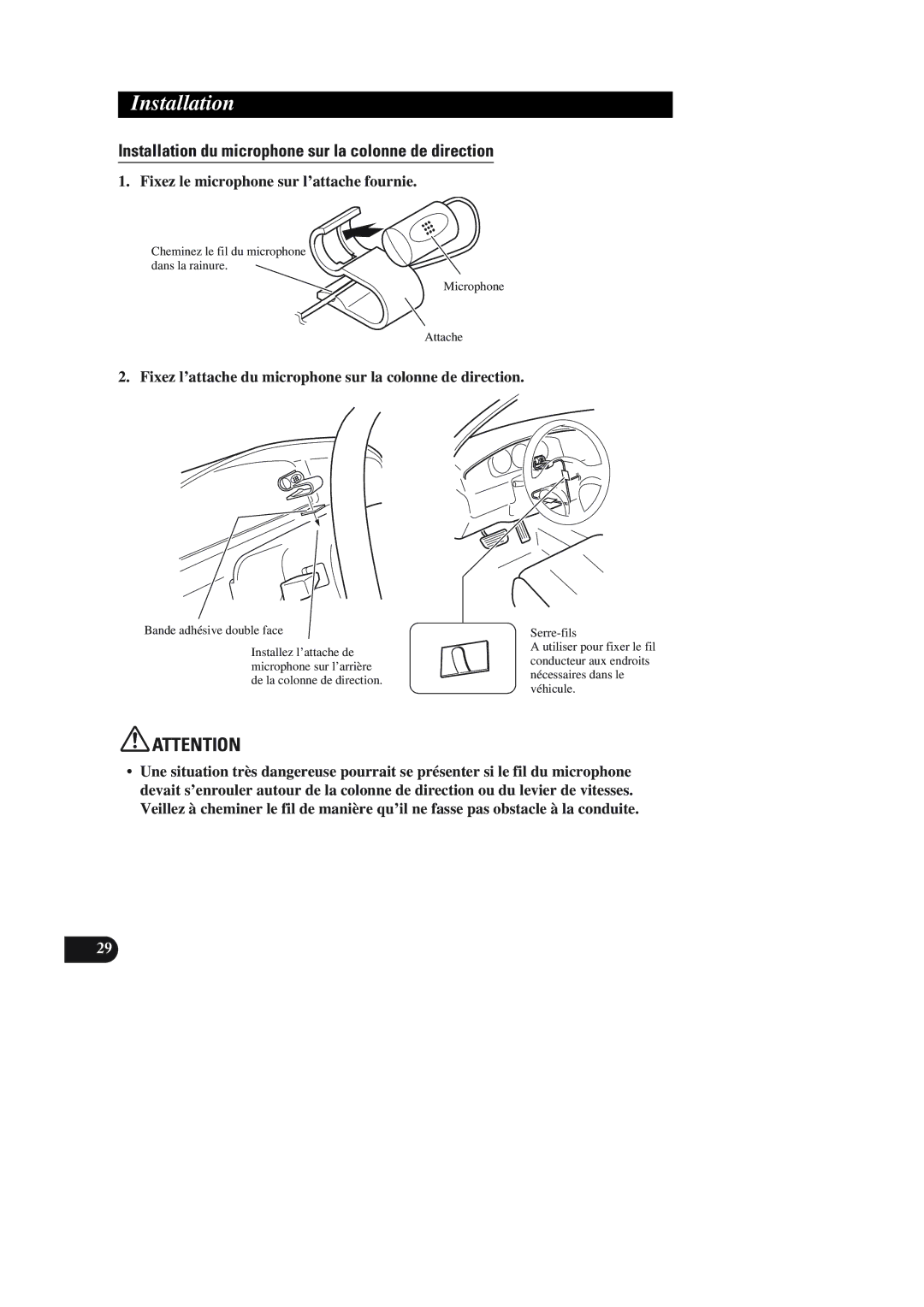 Pioneer AVIC-90DVD installation manual Installation du microphone sur la colonne de direction, Bande adhésive double face 