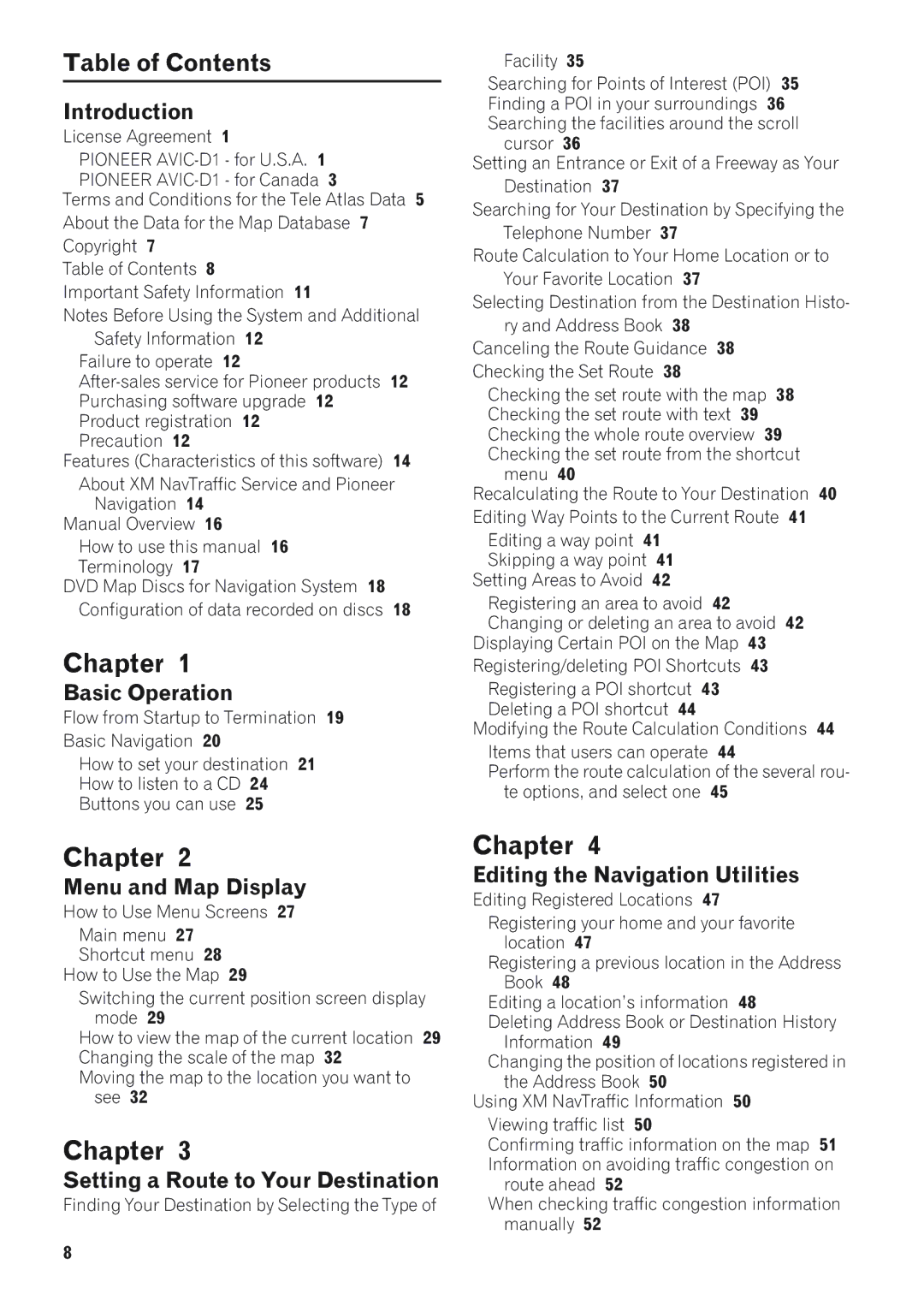 Pioneer AVIC-D1 operation manual Chapter, Table of Contents 