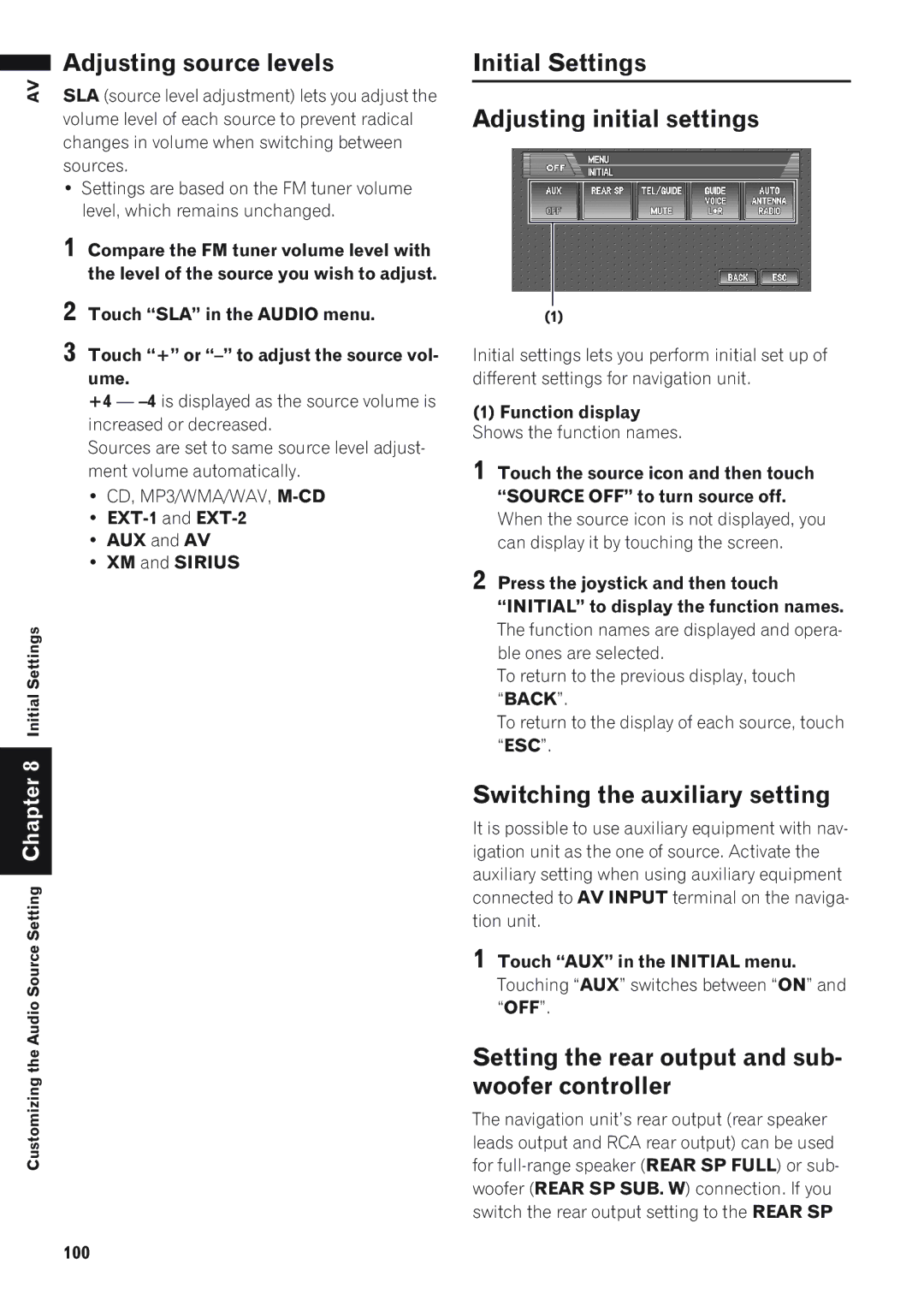 Pioneer AVIC-D1 Adjusting source levels, Initial Settings Adjusting initial settings, Switching the auxiliary setting 