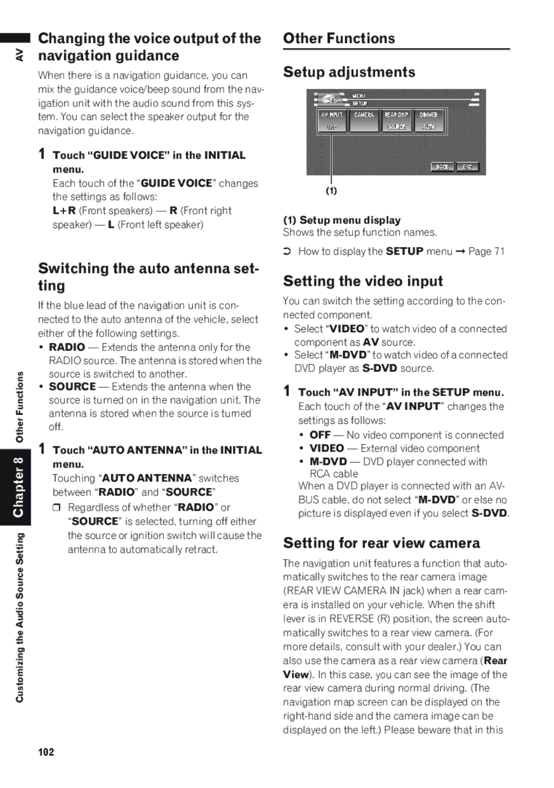 Pioneer AVIC-D1 Navigation guidance, Switching the auto antenna set, Ting, Other Functions Setup adjustments 