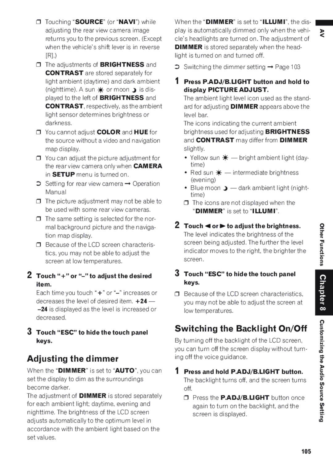 Pioneer AVIC-D1 operation manual Adjusting the dimmer, Switching the Backlight On/Off 