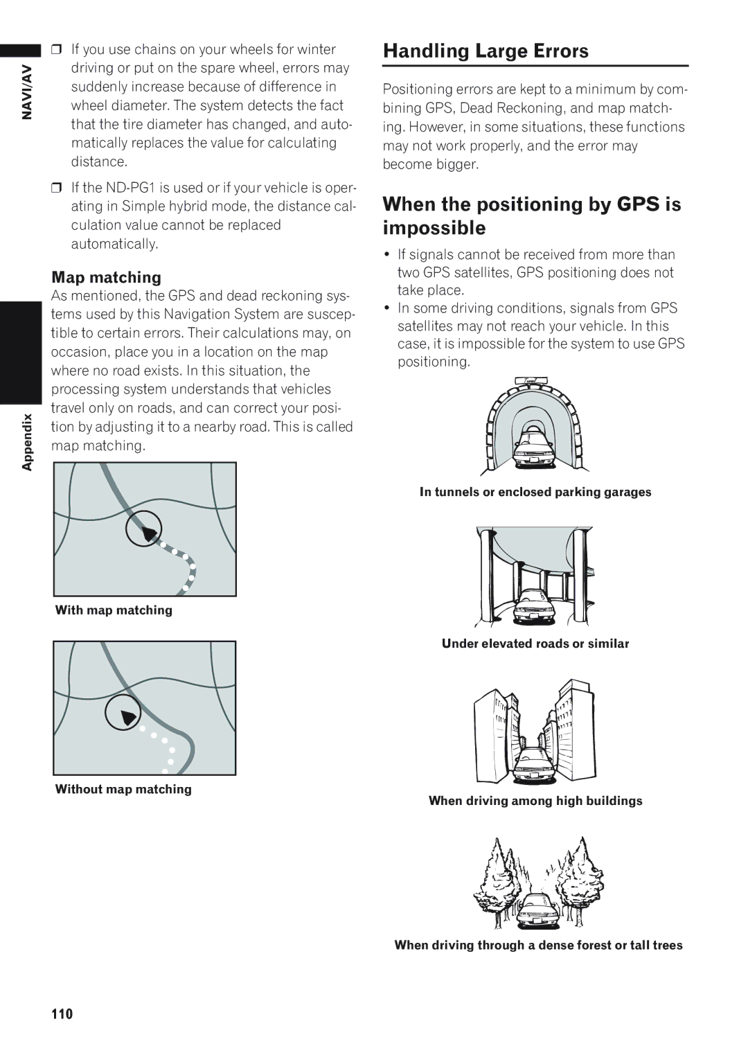 Pioneer AVIC-D1 operation manual Handling Large Errors, When the positioning by GPS is impossible, Map matching, 110 