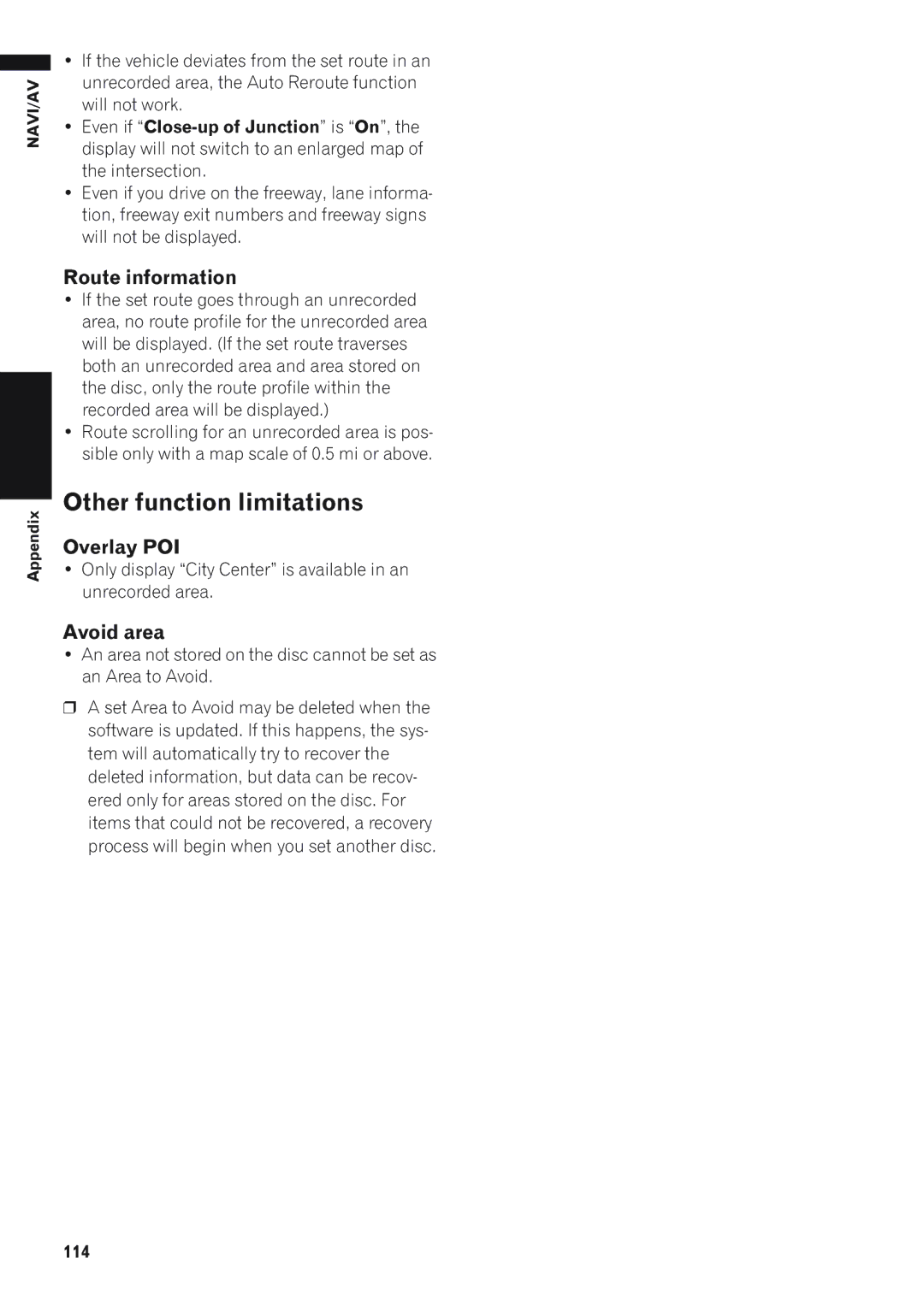 Pioneer AVIC-D1 operation manual Other function limitations, Route information, Overlay POI, Avoid area, 114 