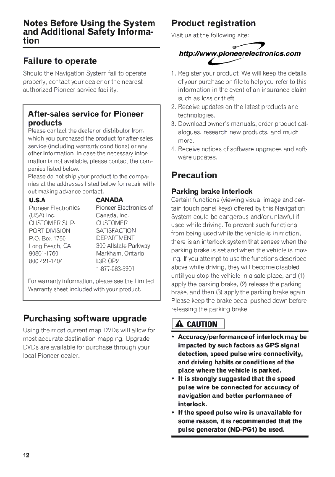 Pioneer AVIC-D1 Failure to operate, Purchasing software upgrade, Product registration, Precaution, Parking brake interlock 