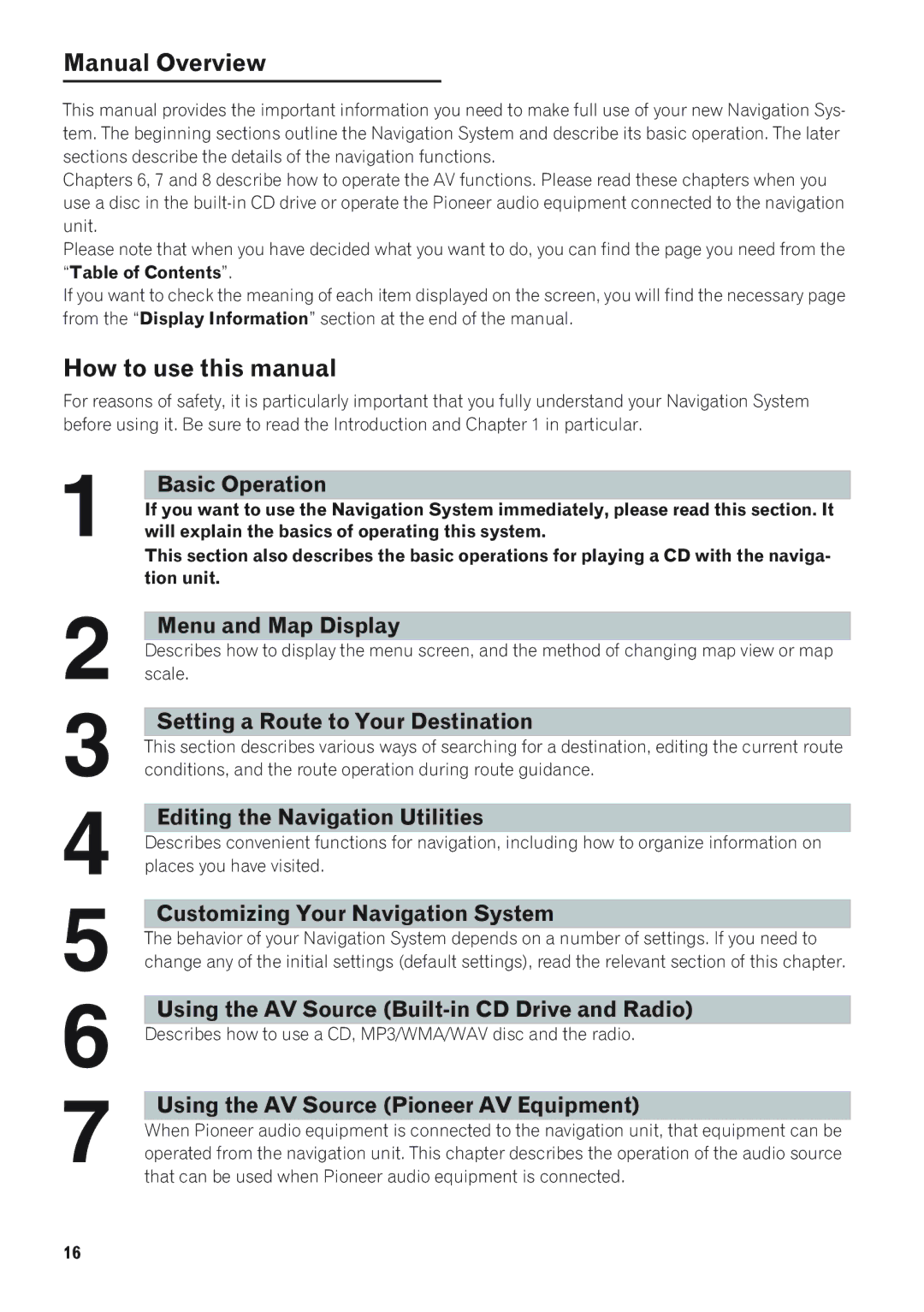 Pioneer AVIC-D1 operation manual Manual Overview, How to use this manual, Will explain the basics of operating this system 