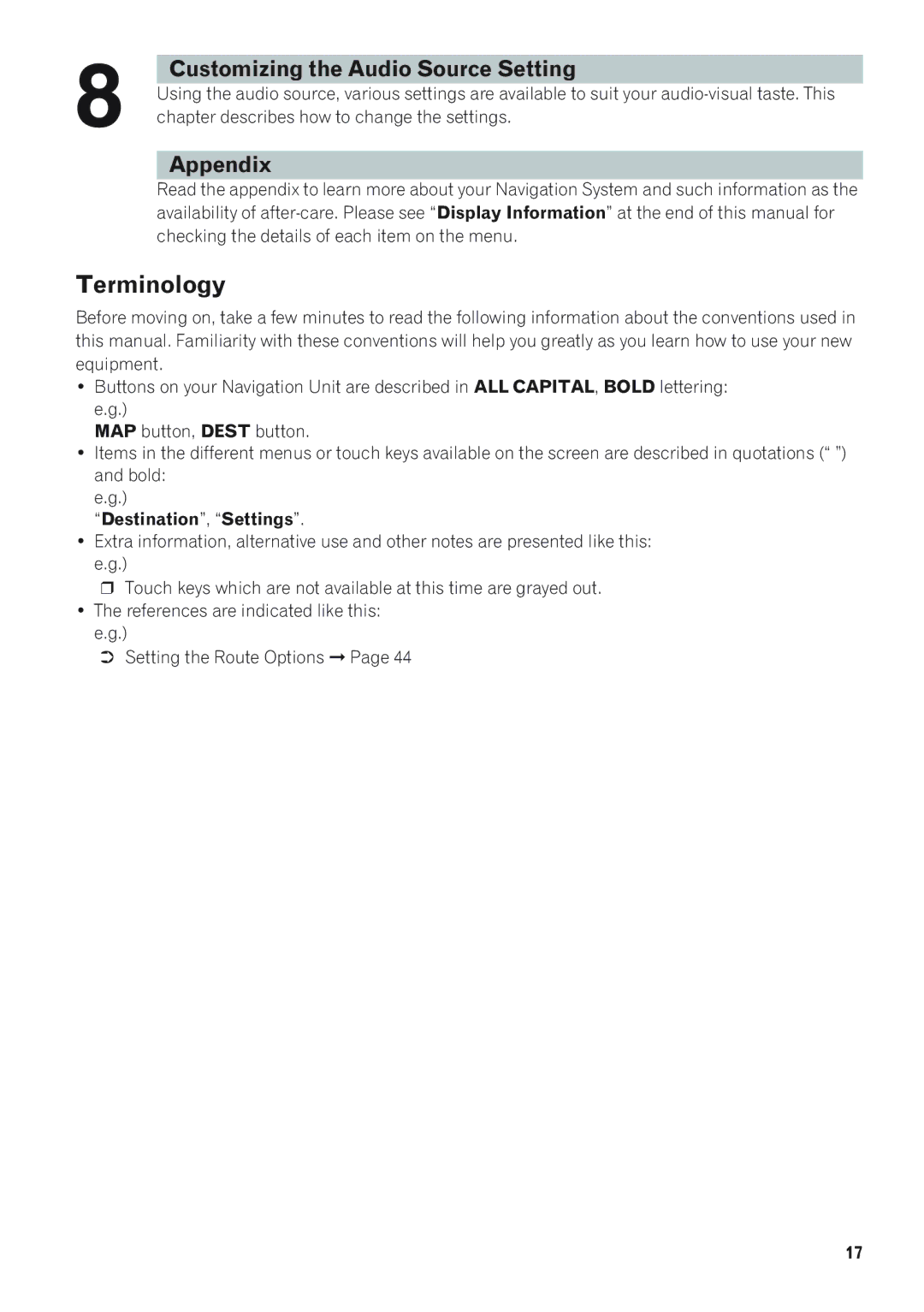 Pioneer AVIC-D1 Terminology, Chapter describes how to change the settings, Checking the details of each item on the menu 