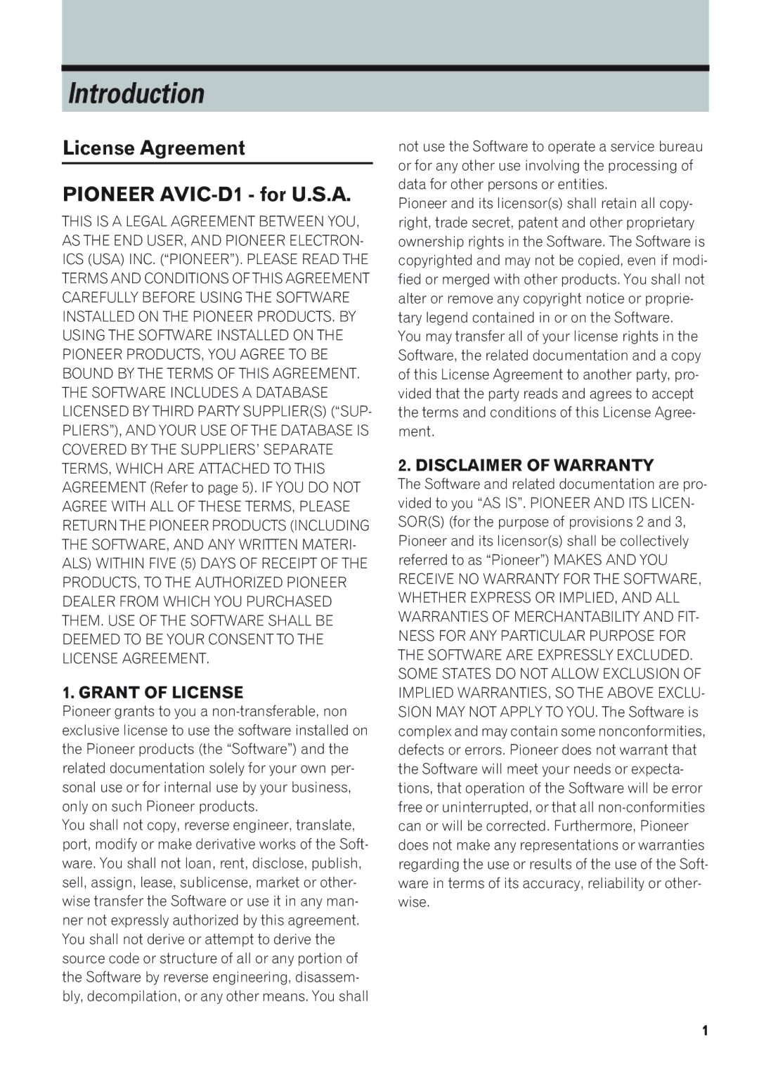 Pioneer operation manual Introduction, License Agreement Pioneer AVIC-D1 for U.S.A 