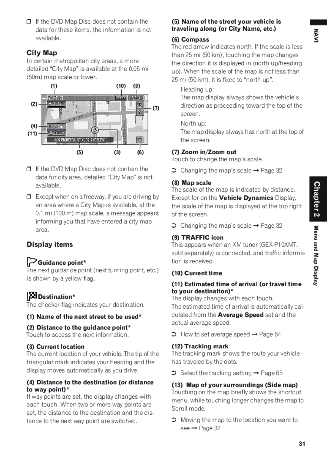 Pioneer AVIC-D1 operation manual City Map, Display items 