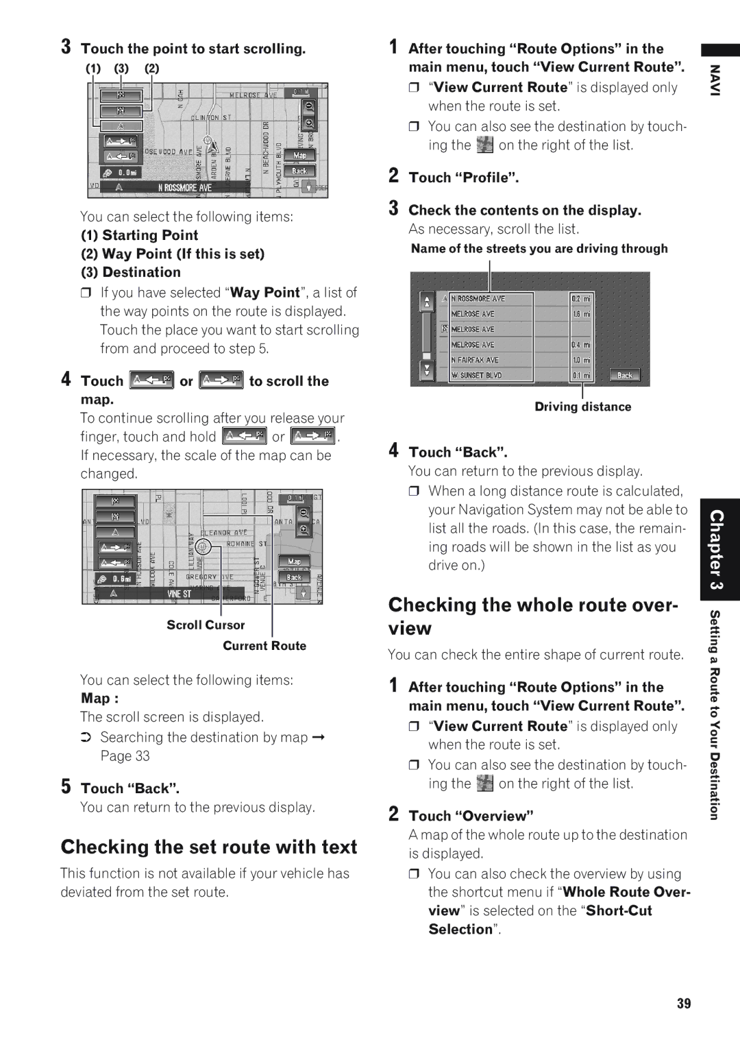 Pioneer AVIC-D1 operation manual Checking the set route with text, Checking the whole route over, View 