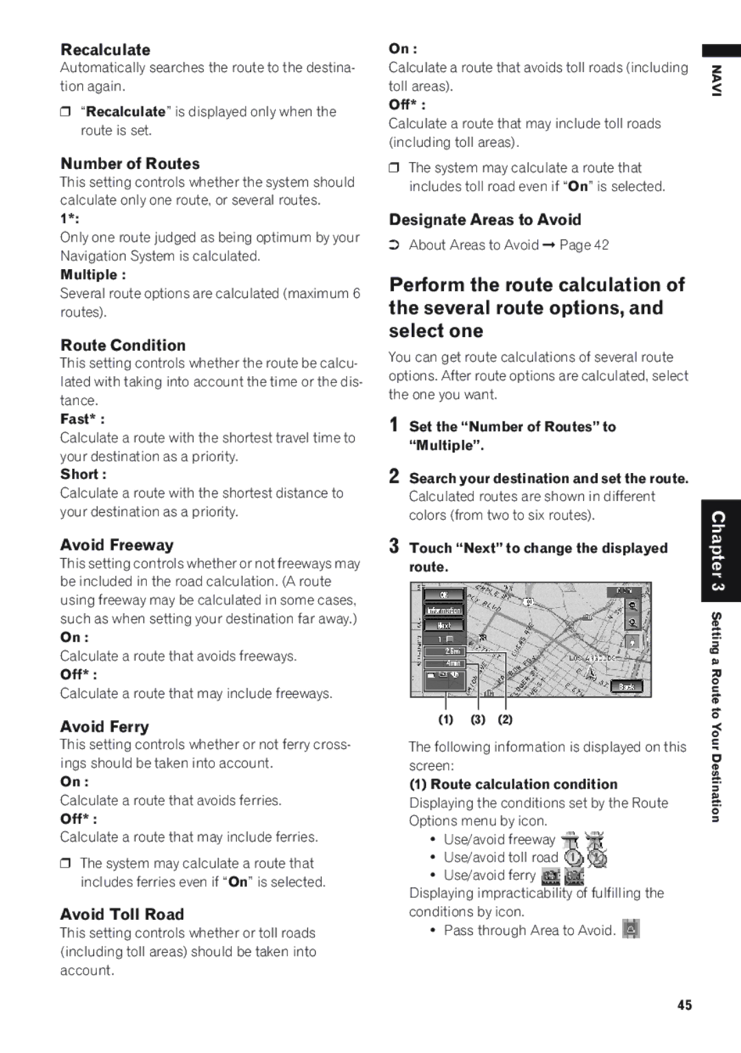 Pioneer AVIC-D1 Recalculate, Number of Routes, Route Condition, Avoid Freeway, Avoid Ferry, Avoid Toll Road 