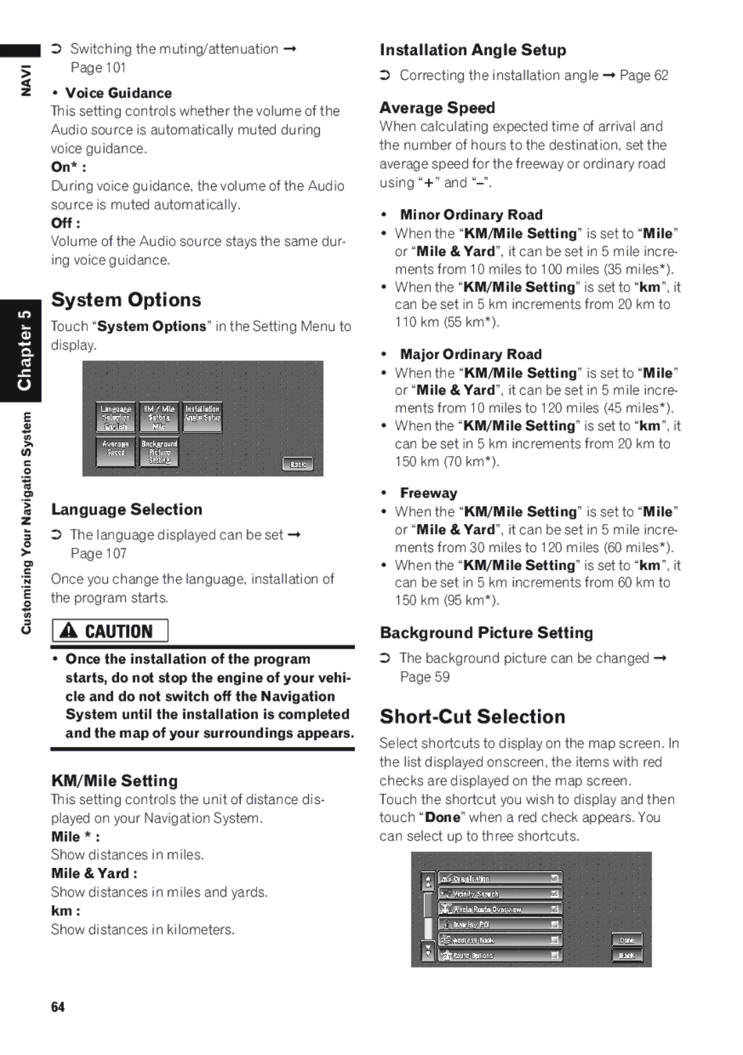 Pioneer AVIC-D1 operation manual System Options, Short-Cut Selection 