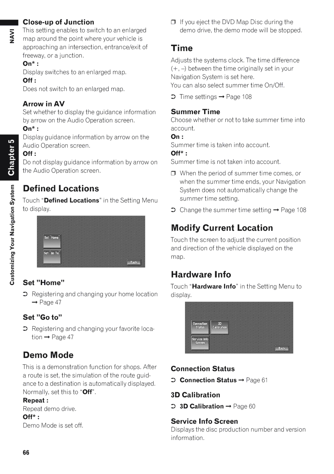 Pioneer AVIC-D1 operation manual Defined Locations, Demo Mode, Time, Modify Current Location, Hardware Info 