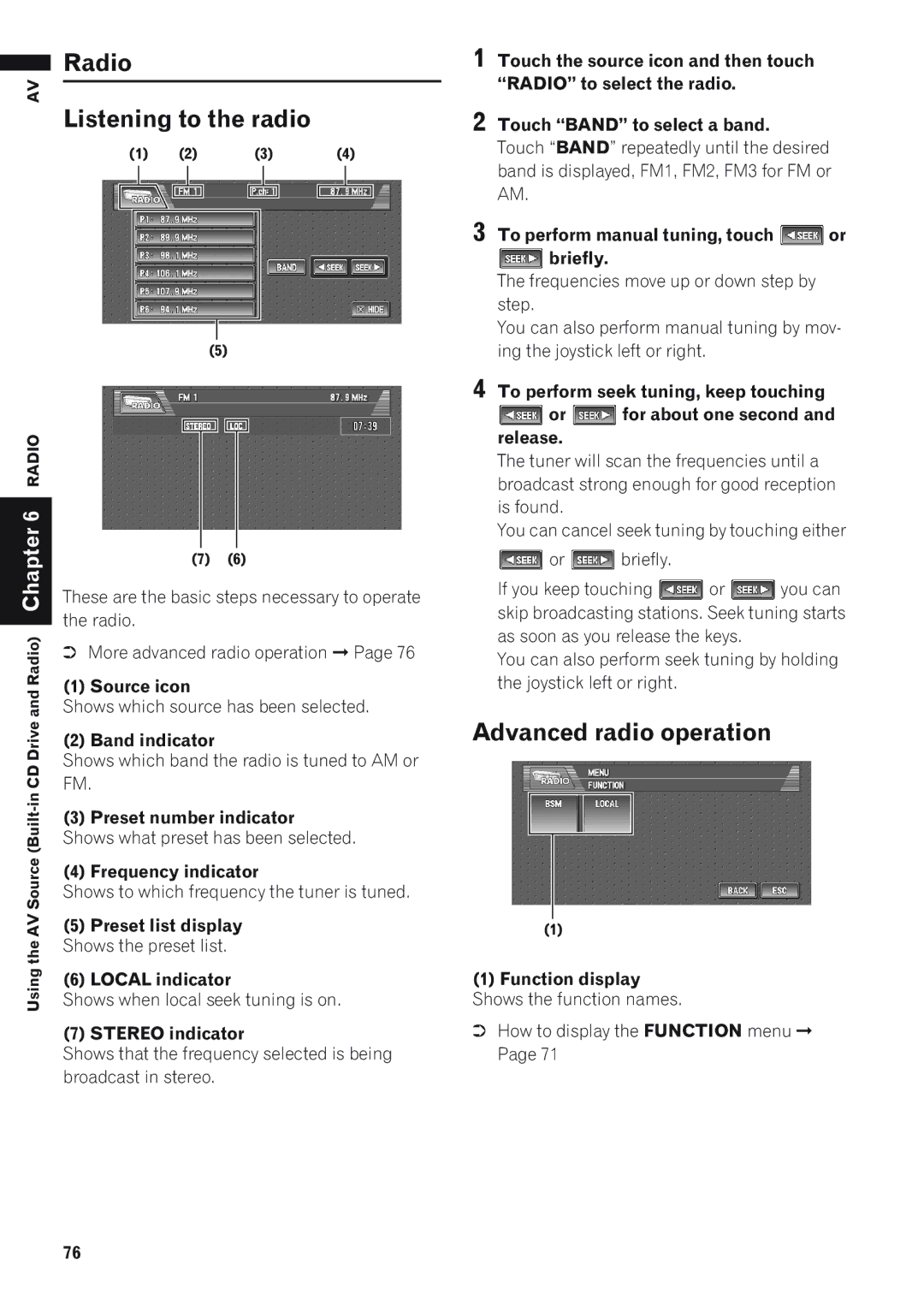 Pioneer AVIC-D1 operation manual Radio Listening to the radio, Advanced radio operation 