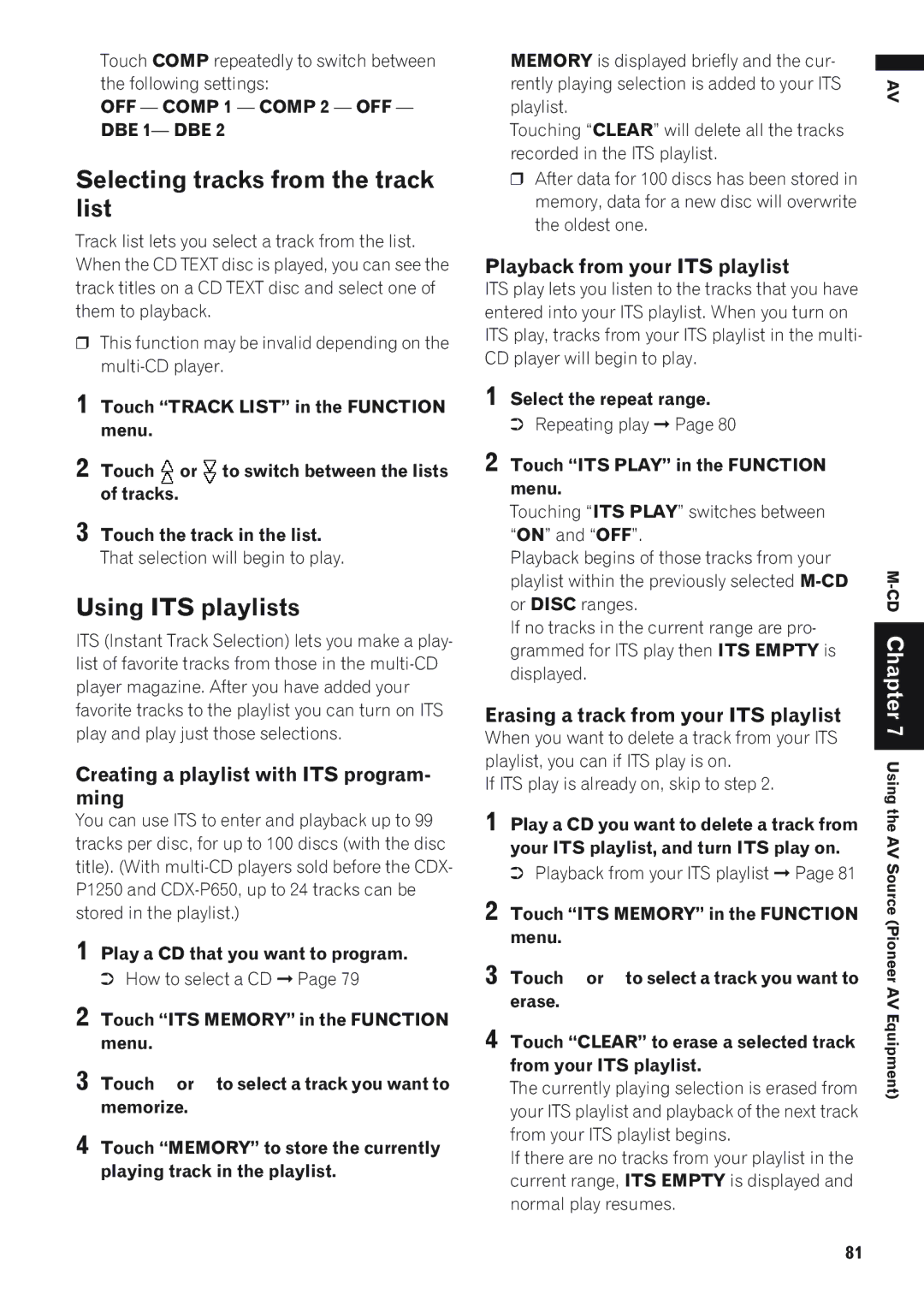 Pioneer AVIC-D1 Selecting tracks from the track list, Using ITS playlists, Creating a playlist with ITS program- ming 