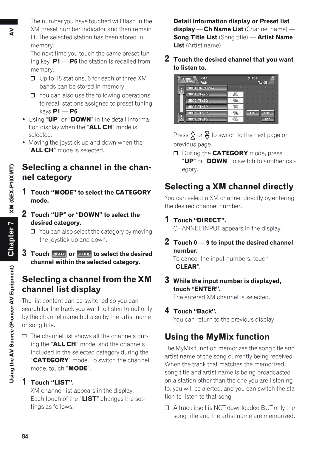Pioneer AVIC-D1 Selecting a channel in the chan, Nel category, Selecting a channel from the XM, Channel list display 