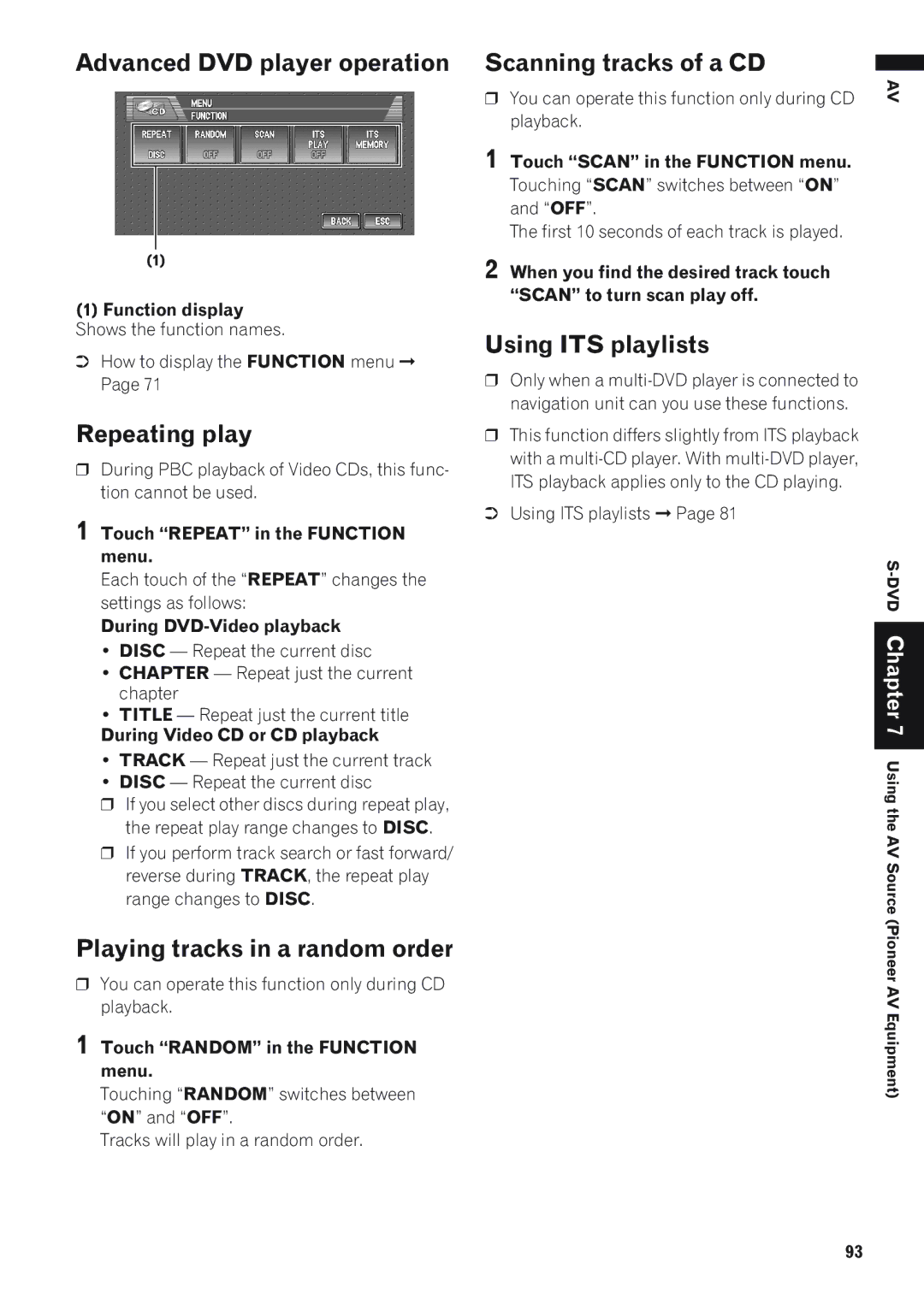 Pioneer AVIC-D1 operation manual Advanced DVD player operation Scanning tracks of a CD, Touch Repeat in the Function menu 