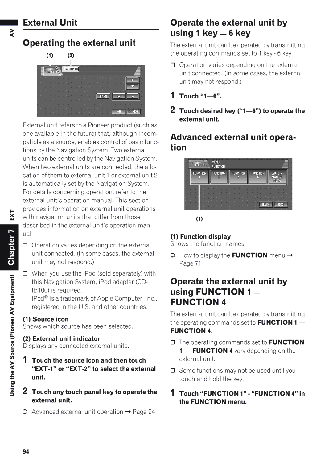 Pioneer AVIC-D1 operation manual External Unit Operating the external unit, Operate the external unit by using 1 key 6 key 