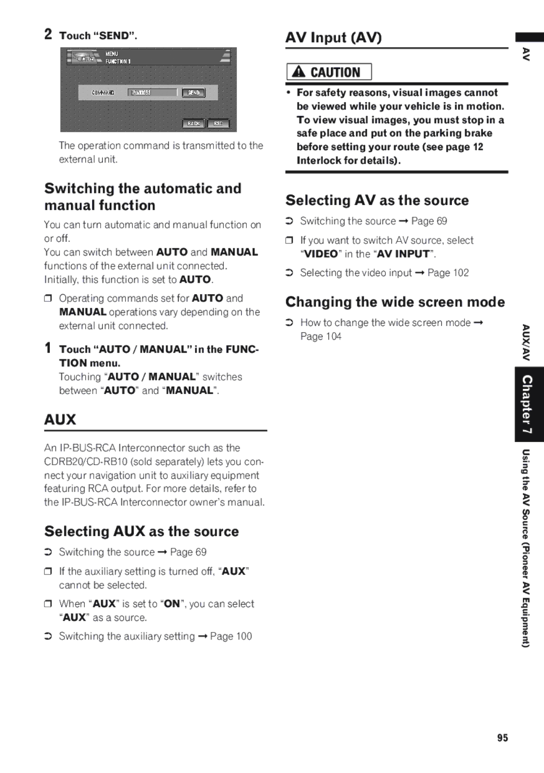 Pioneer AVIC-D1 operation manual AV Input AV, Switching the automatic and manual function, Selecting AUX as the source 