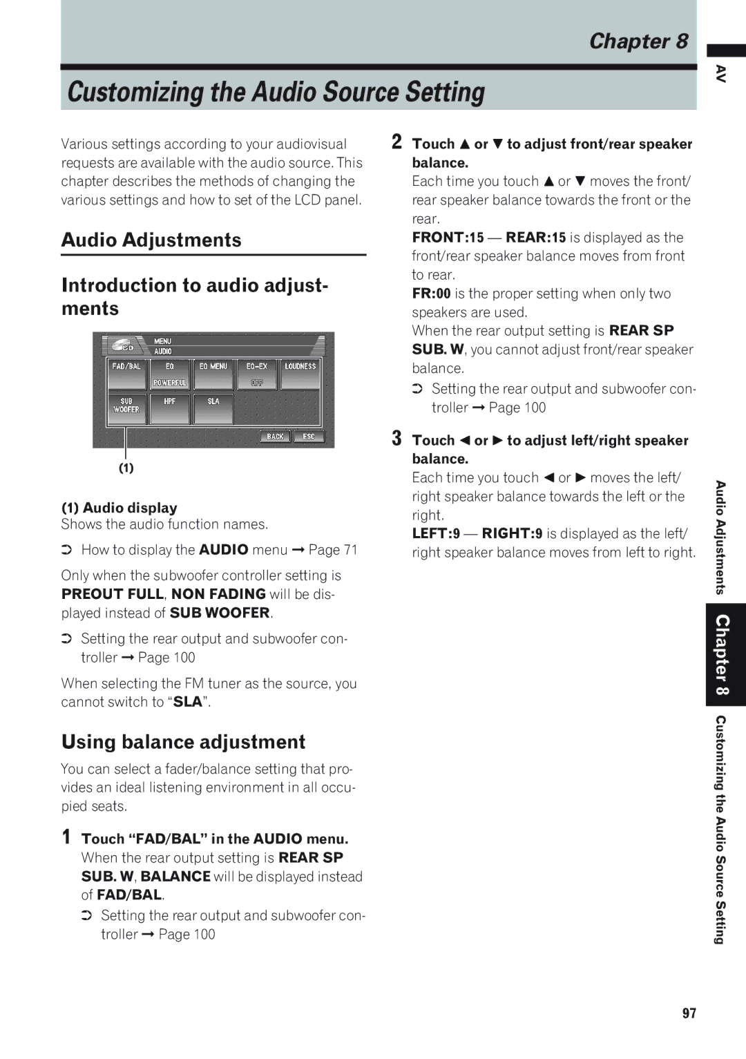 Pioneer AVIC-D1 operation manual Audio Adjustments Introduction to audio adjust- ments, Using balance adjustment 