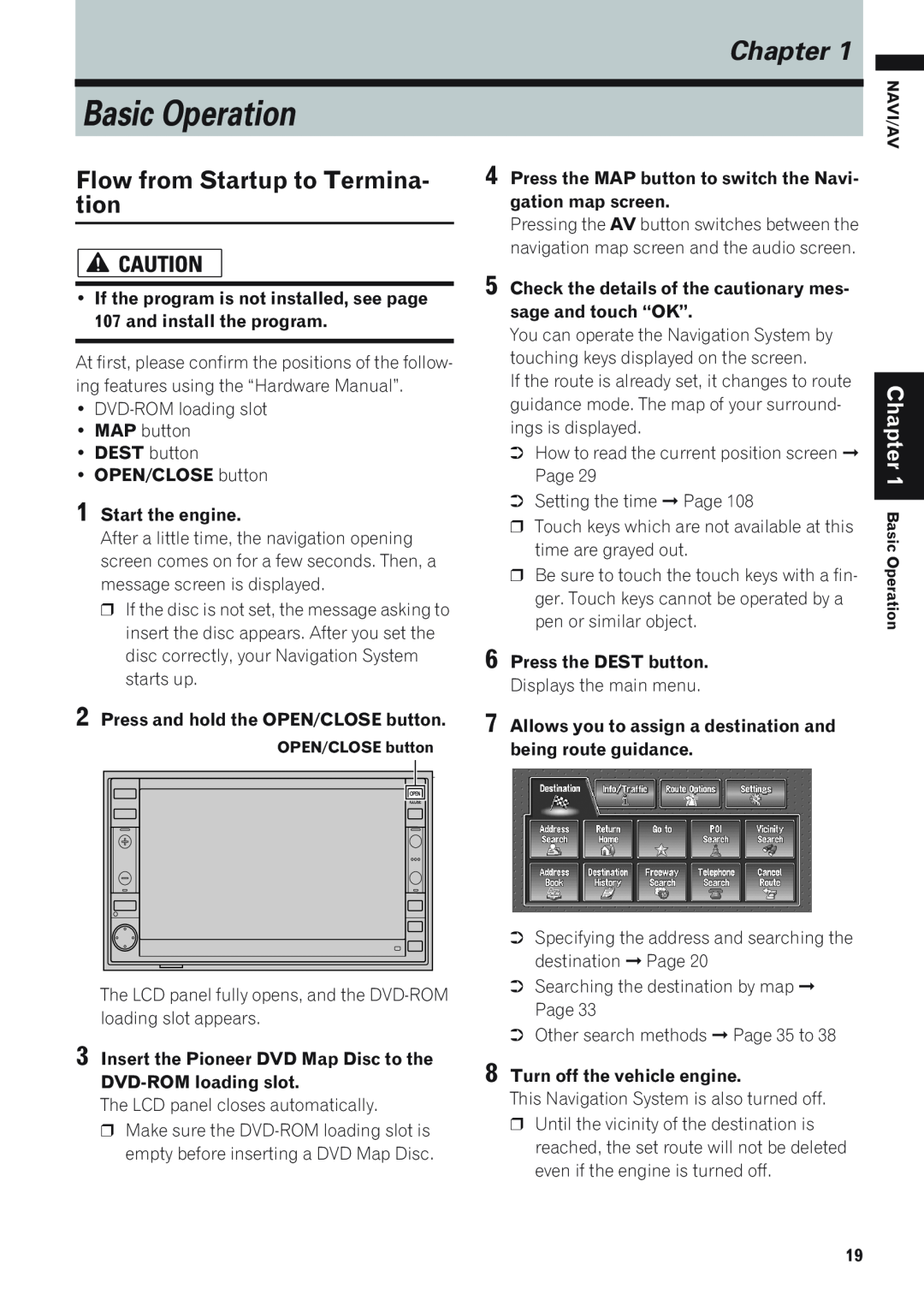 Pioneer AVIC-D1 operation manual Basic Operation, Chapter, Flow from Startup to Termina- tion 