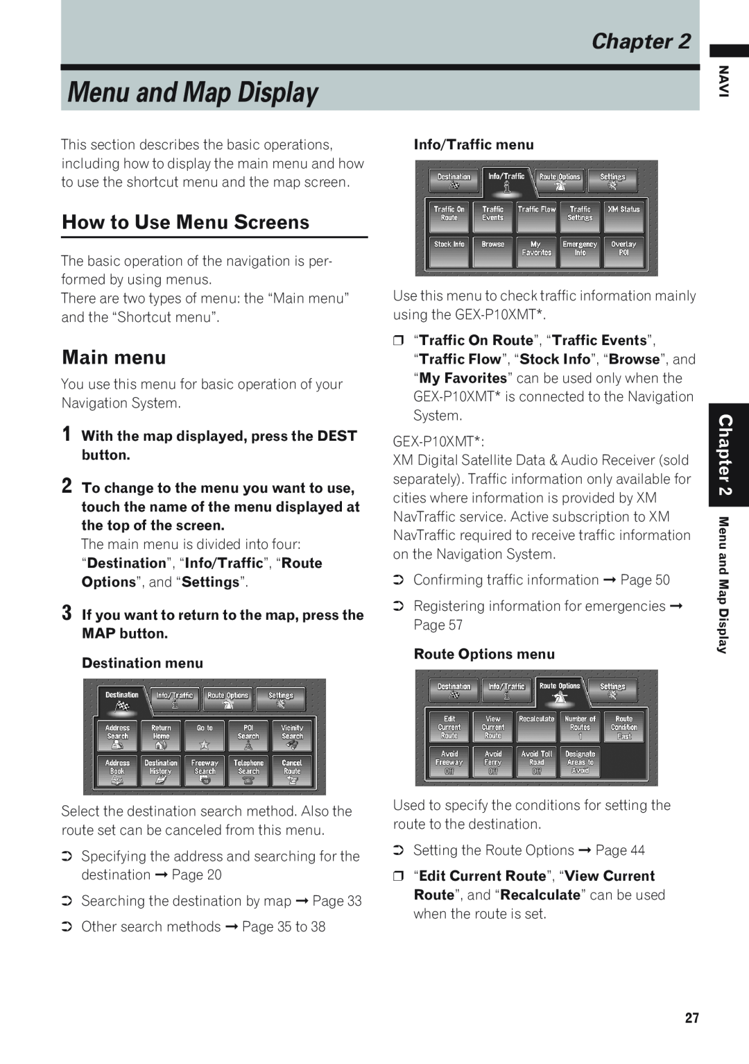 Pioneer AVIC-D1 operation manual Menu and Map Display, How to Use Menu Screens, Main menu, Chapter 
