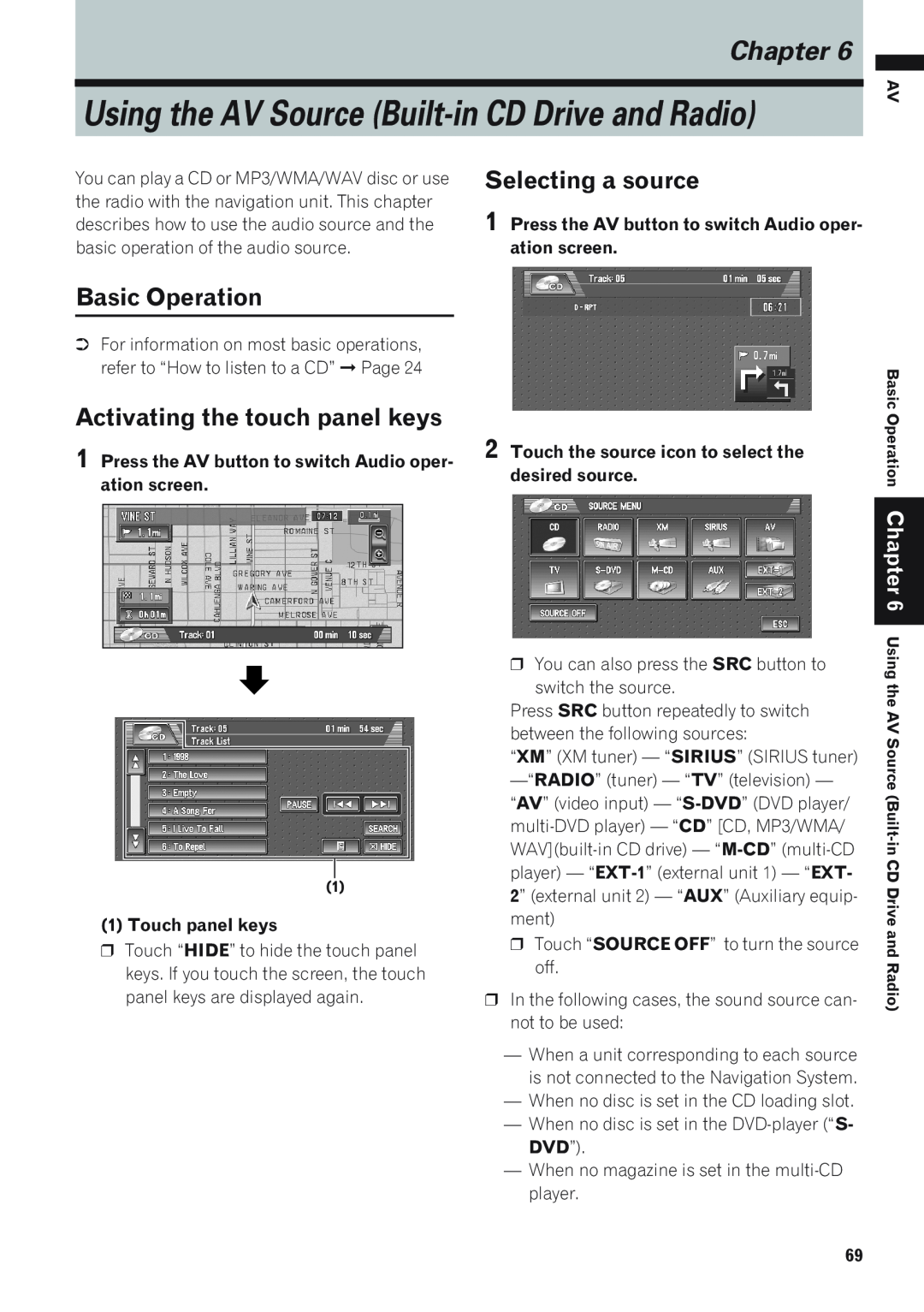 Pioneer AVIC-D1 operation manual Basic Operation, Activating the touch panel keys, Selecting a source, Chapter 