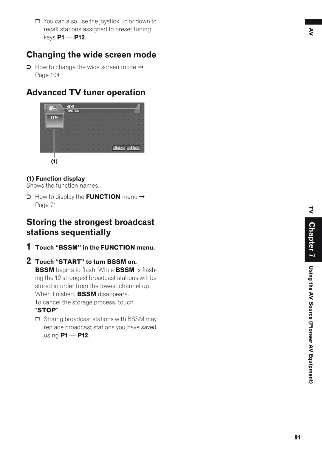 Pioneer AVIC-D1 operation manual Changing the wide screen mode, Advanced TV tuner operation 
