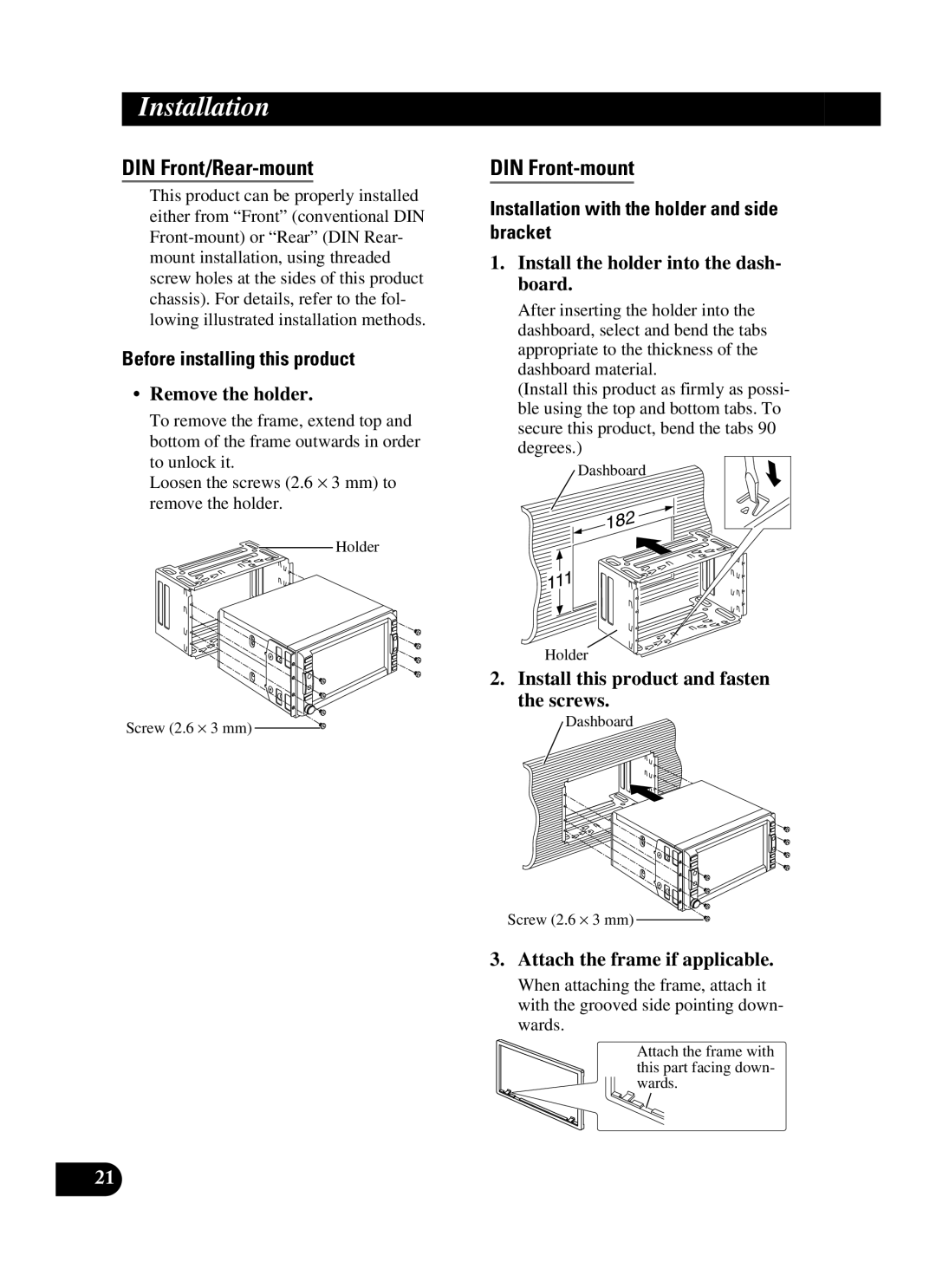 Pioneer AVIC-D2 installation manual DIN Front/Rear-mount, DIN Front-mount 