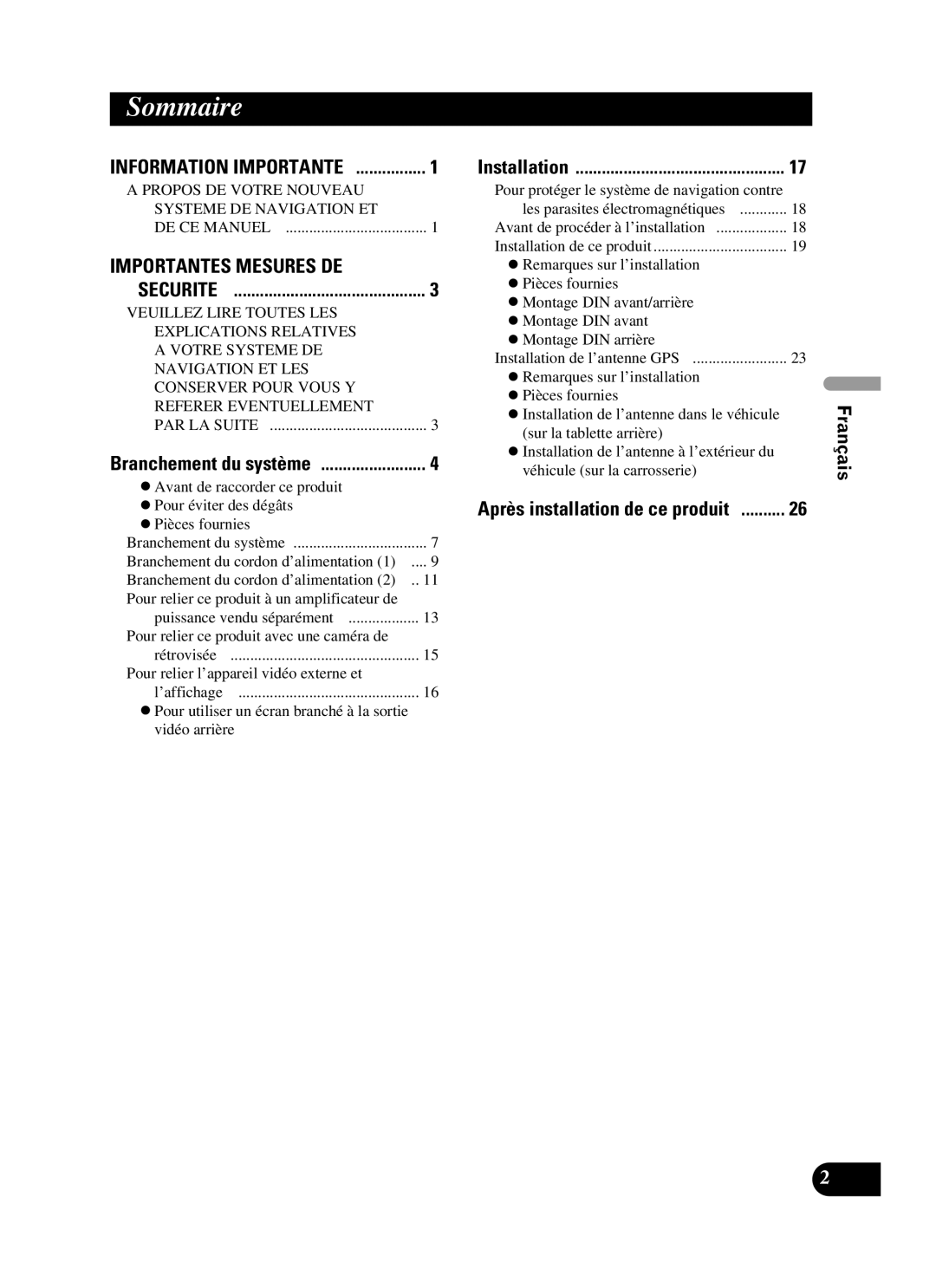 Pioneer AVIC-D2 installation manual Sommaire, Importantes Mesures DE 