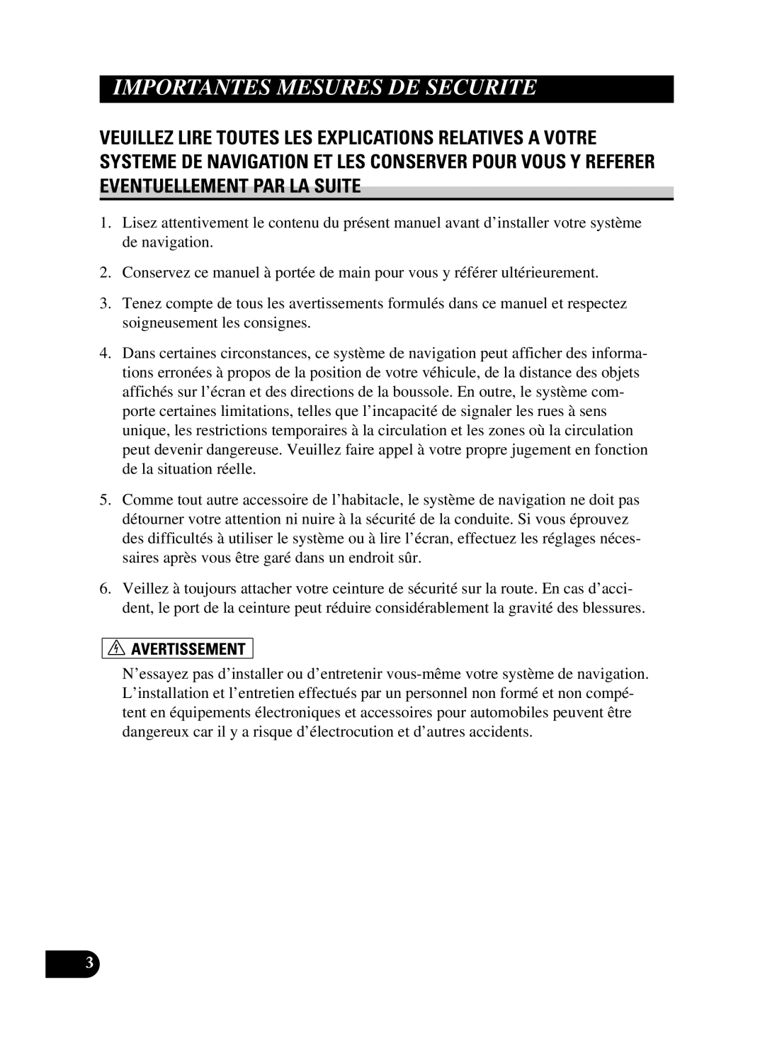 Pioneer AVIC-D2 installation manual Importantes Mesures DE Securite 