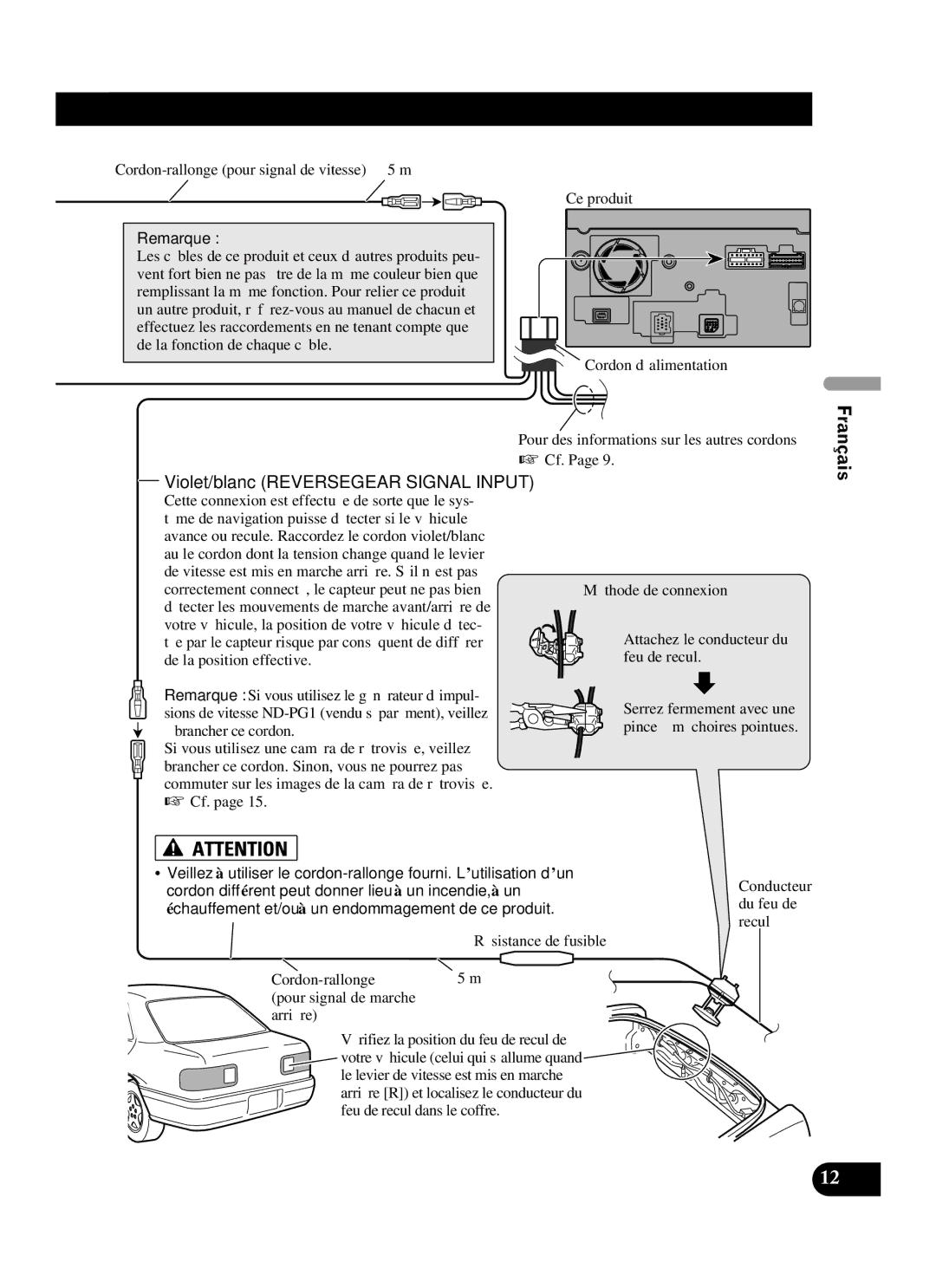 Pioneer AVIC-D2 installation manual Violet/blanc Reversegear Signal Input 