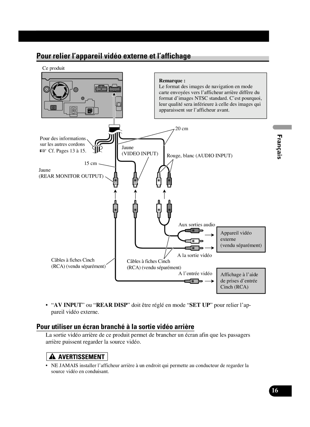 Pioneer AVIC-D2 installation manual Pour relier l’appareil vidéo externe et l’affichage 