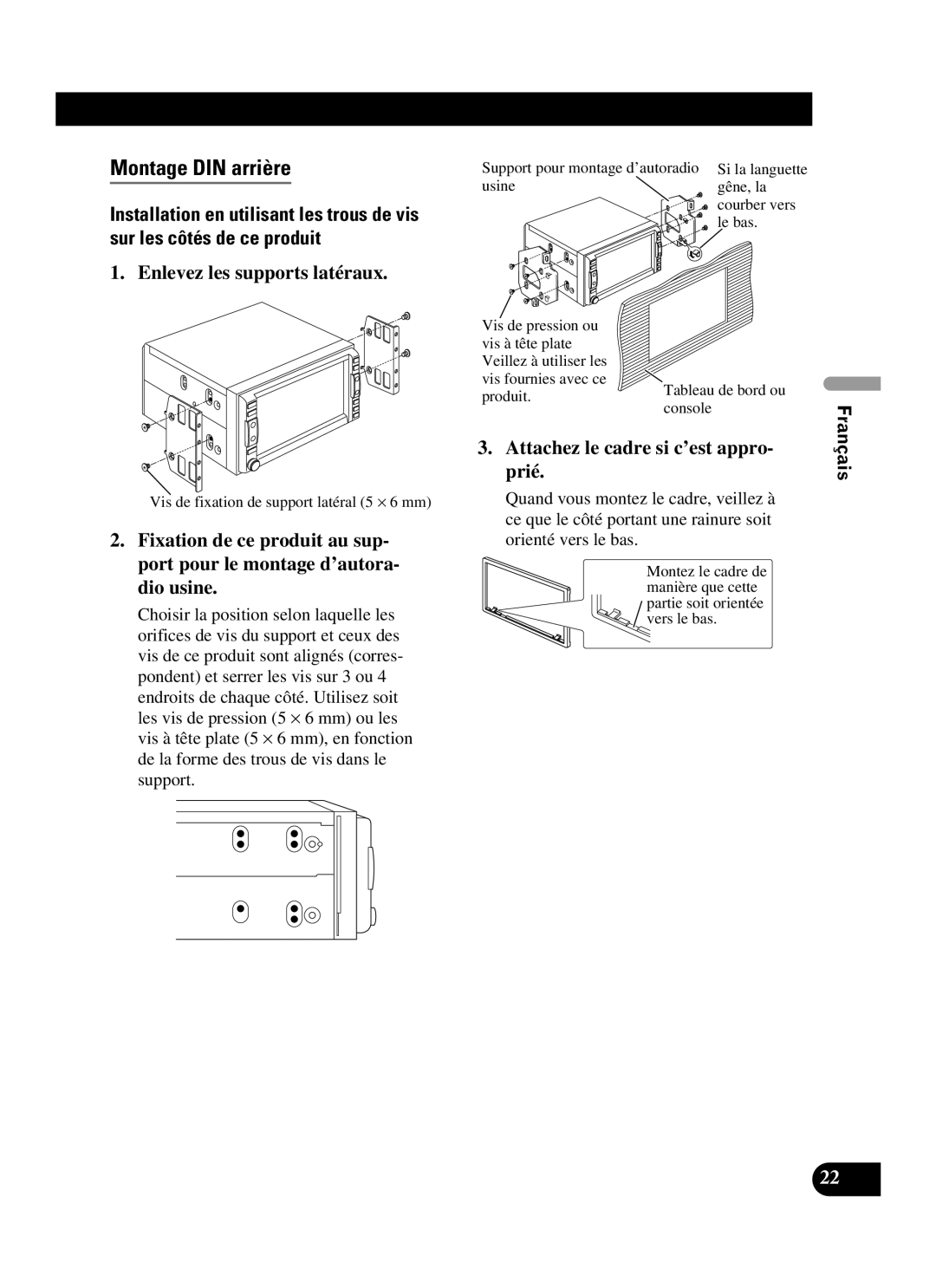 Pioneer AVIC-D2 installation manual Montage DIN arrière 