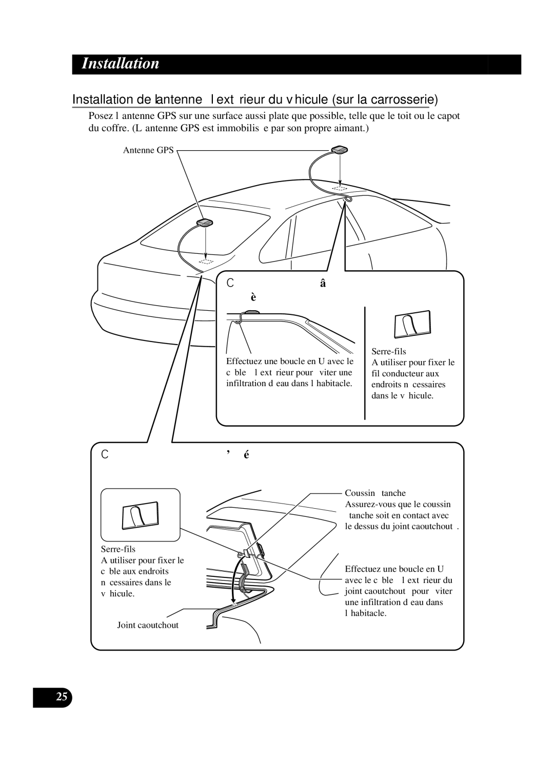 Pioneer AVIC-D2 installation manual Cheminement du câble sur le haut de la portière 