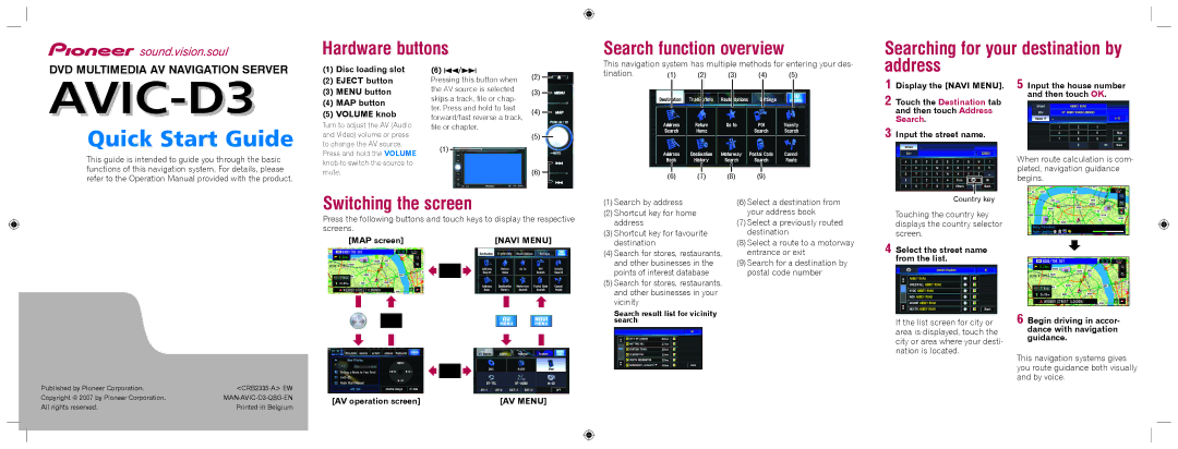 Pioneer AVIC-D3 quick start Address, Switching the screen, Navi Menu, AV Menu 