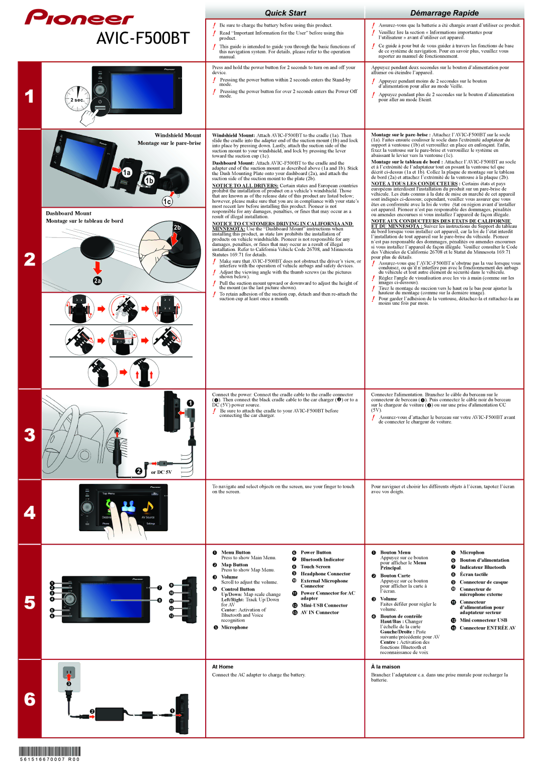 Pioneer Avic-F500BT quick start AVIC-F500BT, Windshield Mount, Montage sur le pare-brise, Dashboard Mount 