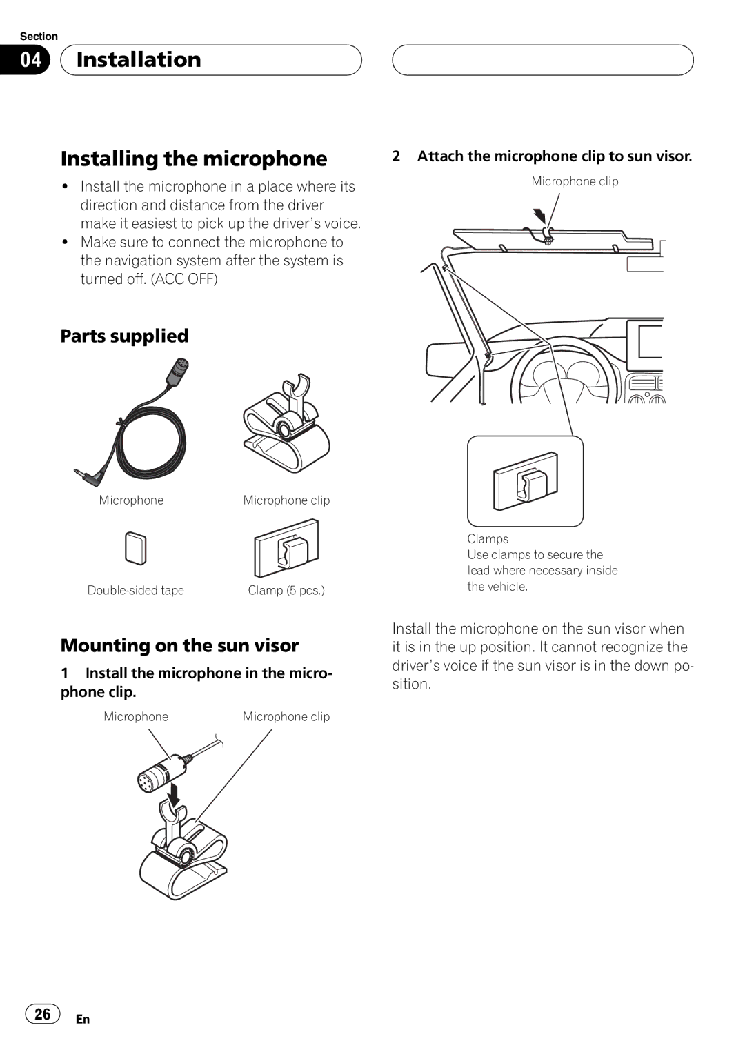 Pioneer AVIC-F7010BT installation manual Installation Installing the microphone, Mounting on the sun visor 