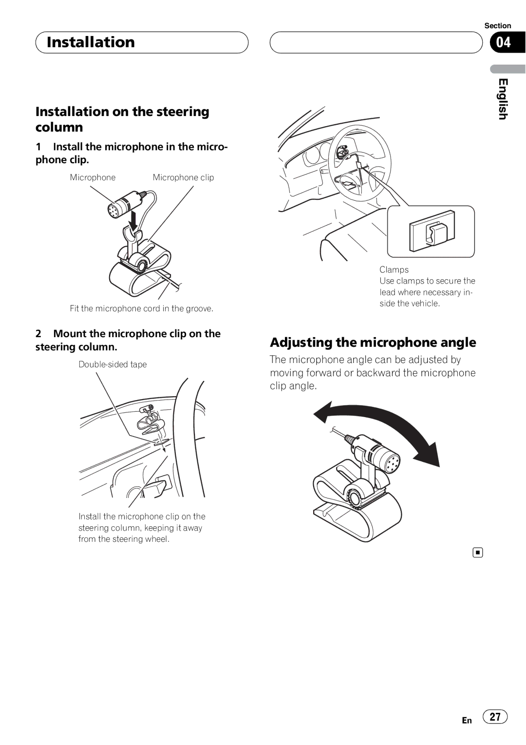 Pioneer AVIC-F7010BT installation manual Installation on the steering column, Adjusting the microphone angle 