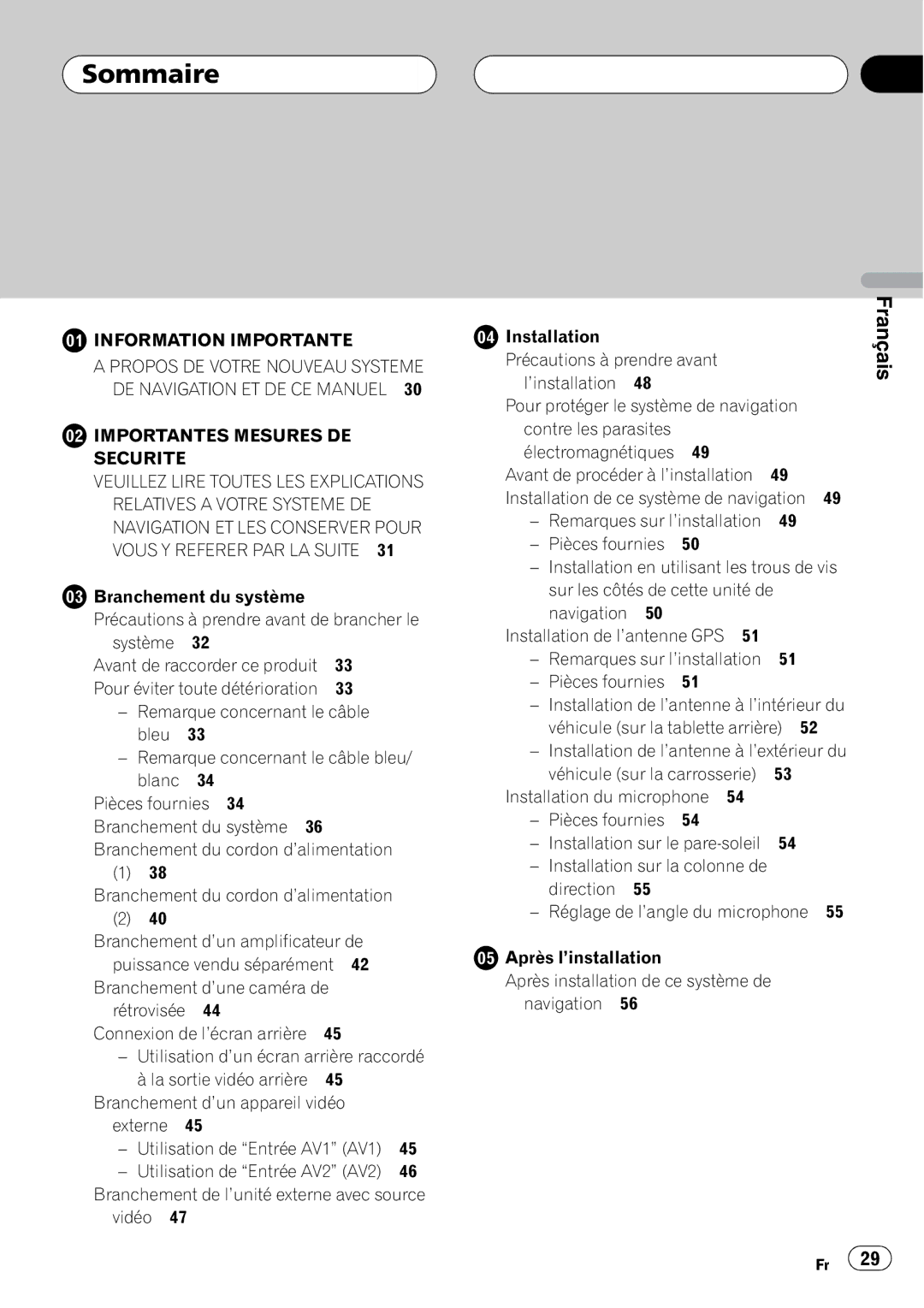 Pioneer AVIC-F7010BT installation manual Sommaire, Importantes Mesures DE Securite 