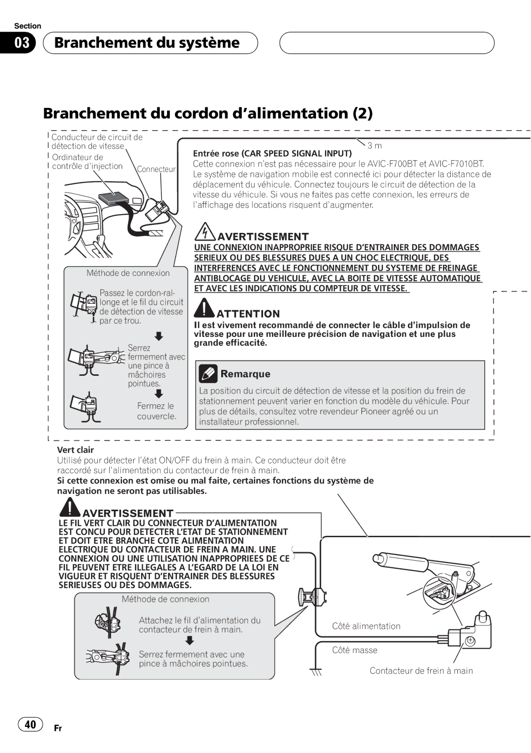 Pioneer AVIC-F7010BT installation manual Entrée rose CAR Speed Signal Input, Vert clair 