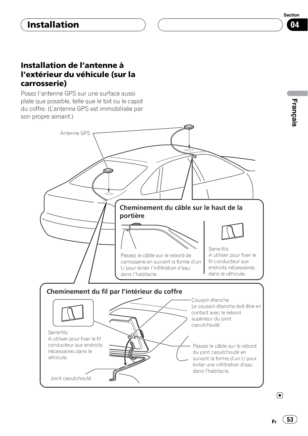 Pioneer AVIC-F7010BT installation manual Cheminement du câble sur le haut de la portière 