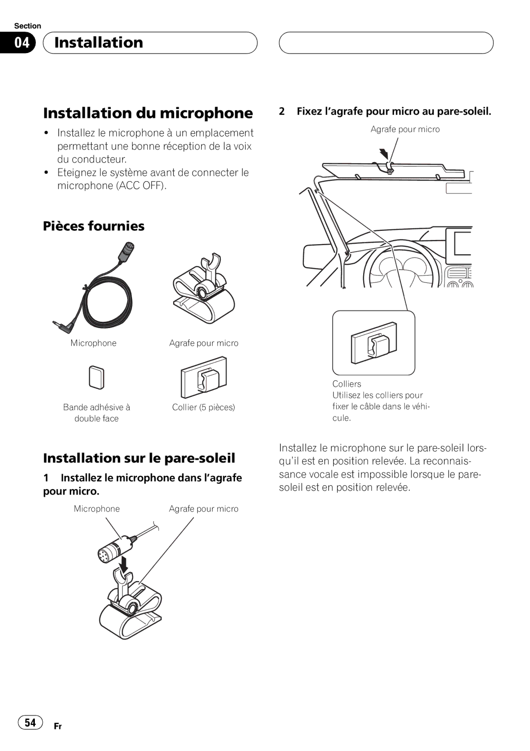 Pioneer AVIC-F7010BT installation manual Installation Installation du microphone, Installation sur le pare-soleil 