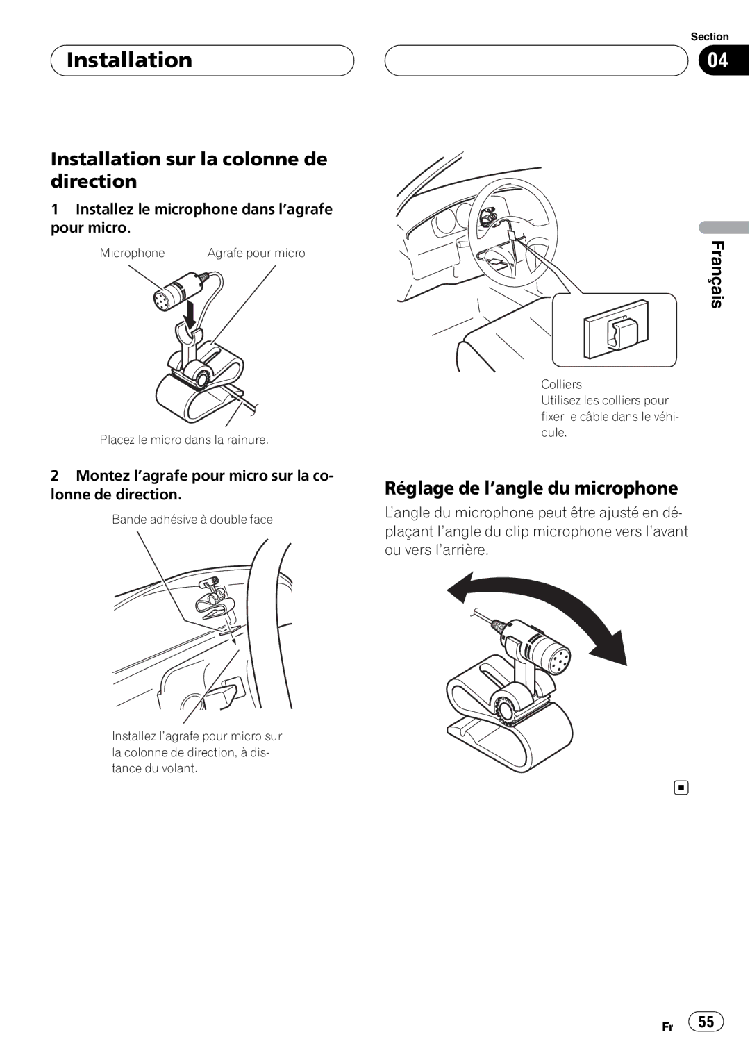 Pioneer AVIC-F7010BT installation manual Installation sur la colonne de direction, Réglage de l’angle du microphone 