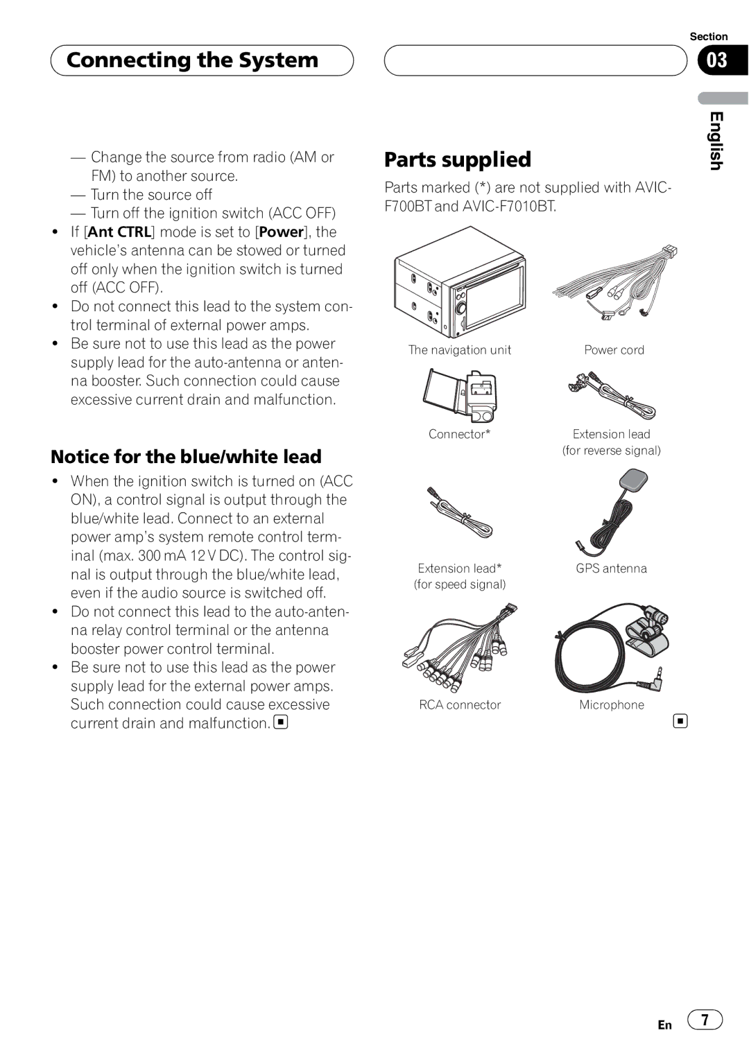 Pioneer AVIC-F7010BT installation manual Connecting the System, Parts supplied 