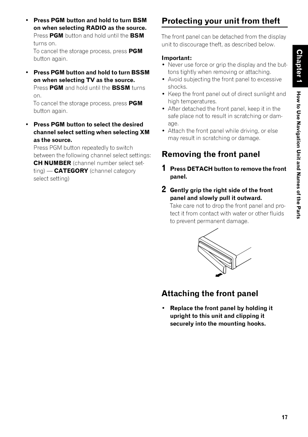 Pioneer AVIC-N1 manual Protecting your unit from theft, Removing the front panel, Attaching the front panel 