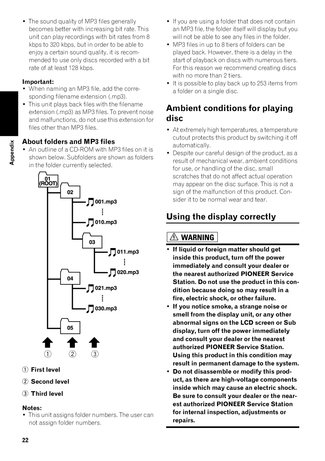 Pioneer AVIC-N1 manual Ambient conditions for playing disc, Using the display correctly, About folders and MP3 files 