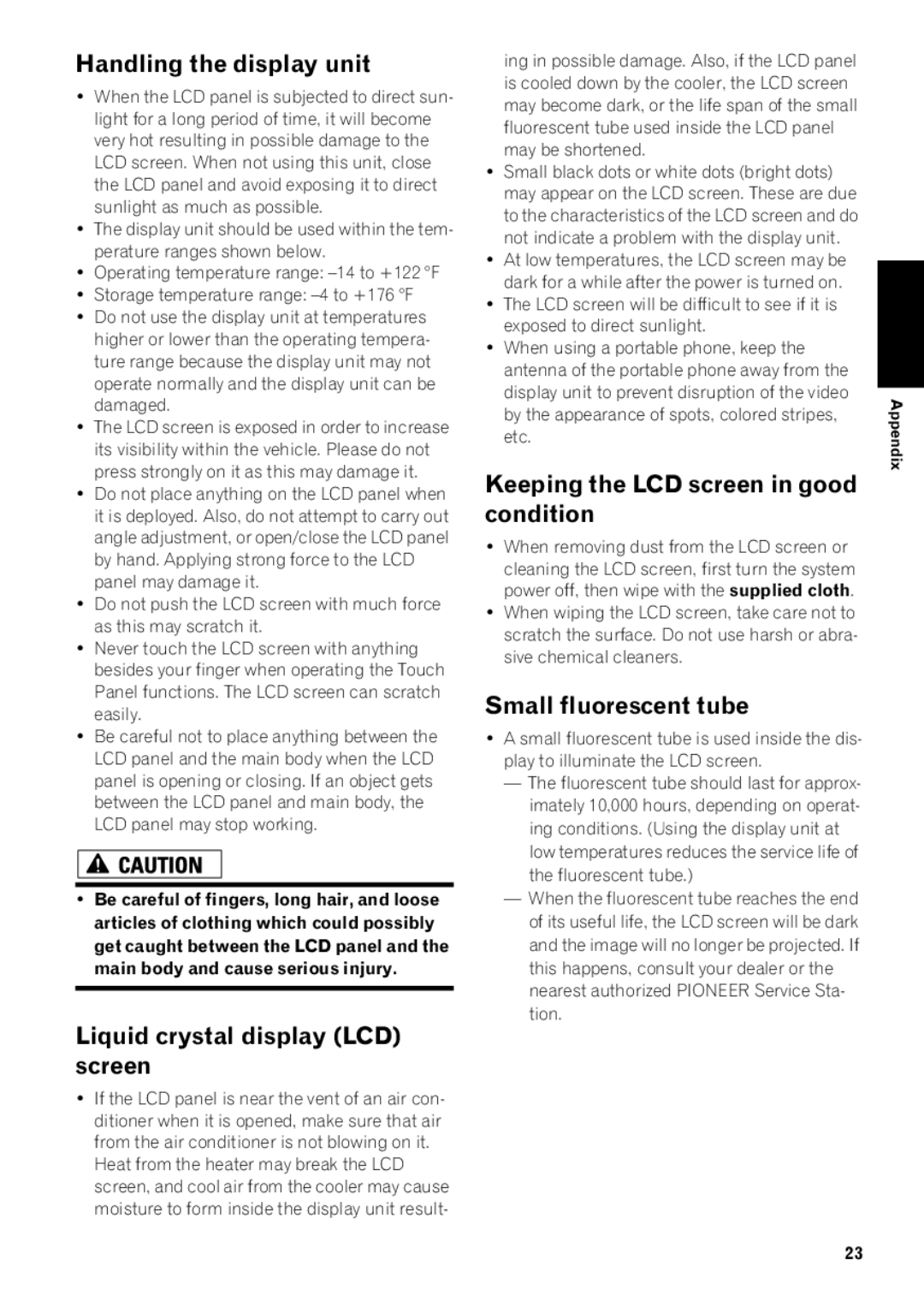 Pioneer AVIC-N1 Handling the display unit, Liquid crystal display LCD screen, Keeping the LCD screen in good condition 