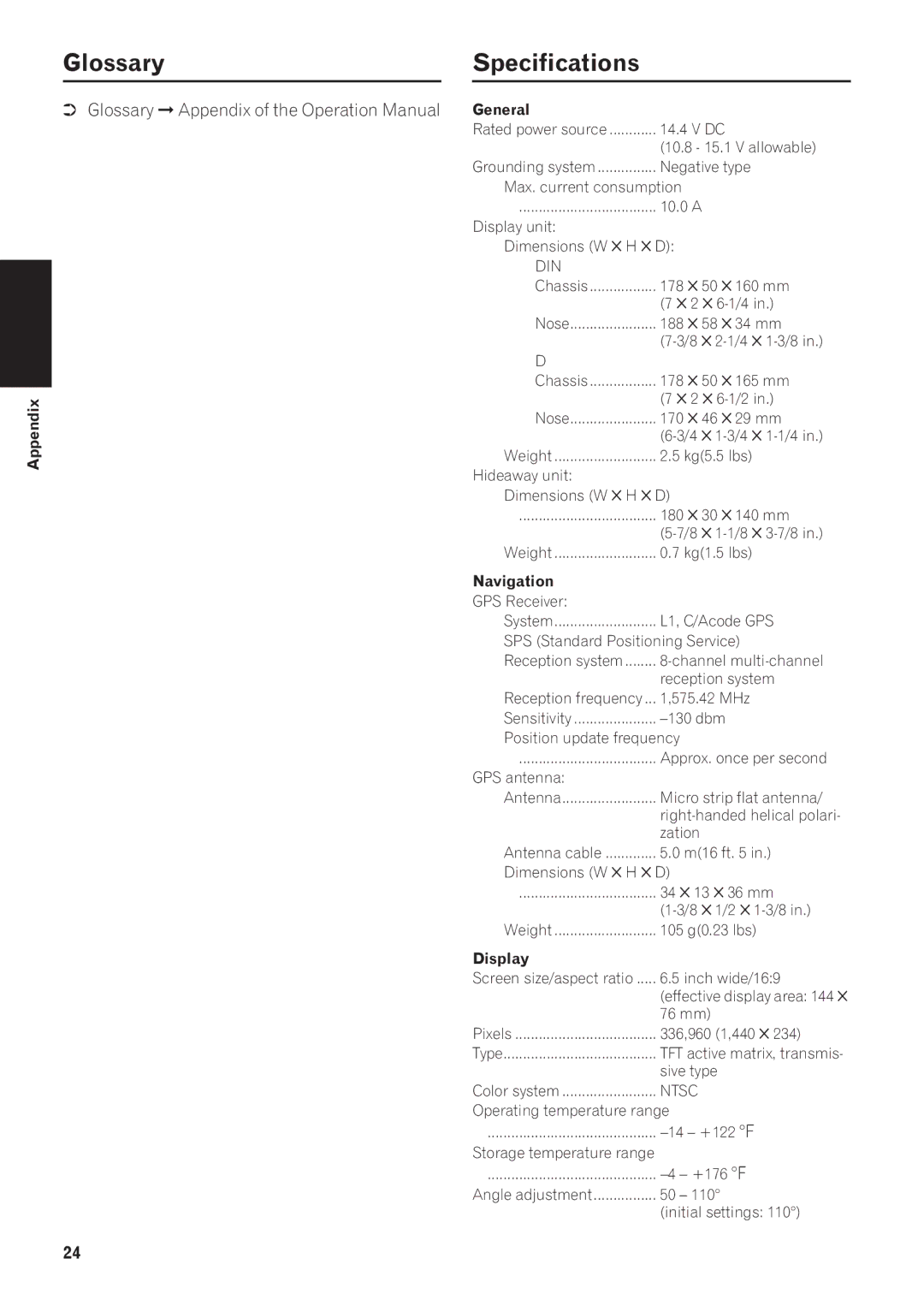 Pioneer AVIC-N1 manual Glossary Specifications, General 