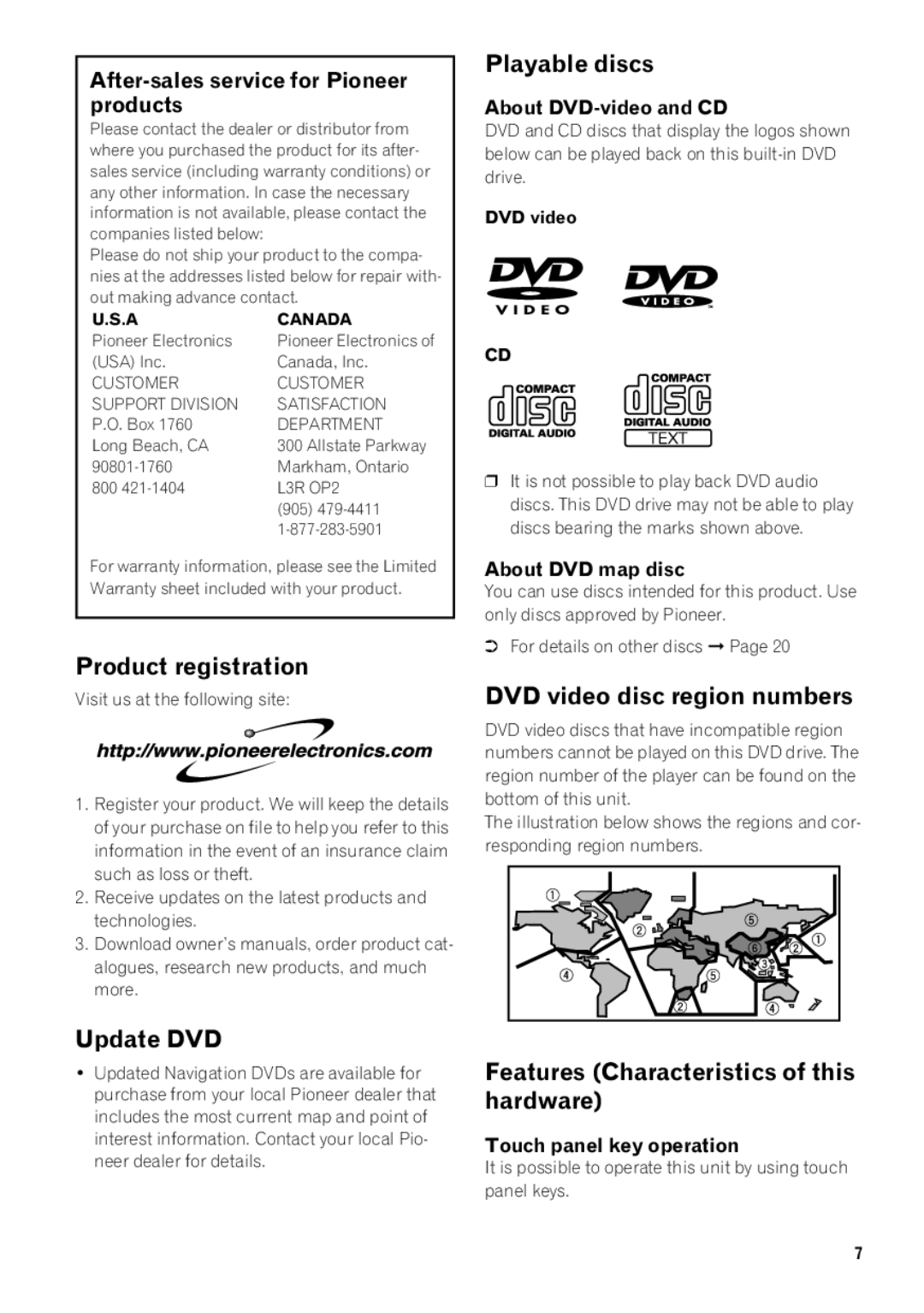 Pioneer AVIC-N1 manual Product registration, Playable discs, DVD video disc region numbers, Update DVD 